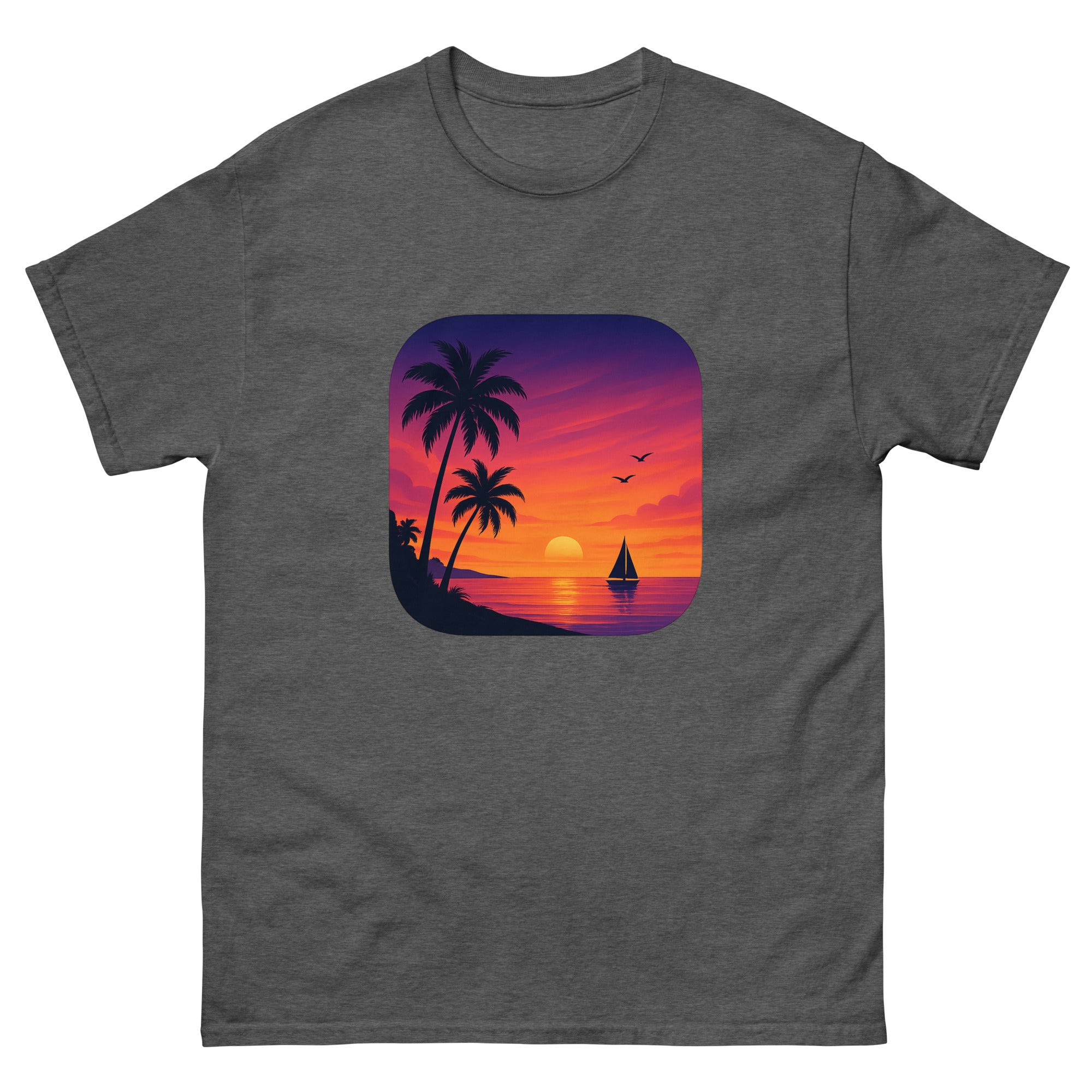 Sunset Palms Panorama Hawaiian t-shirt design on a Dark Heather unisex tee