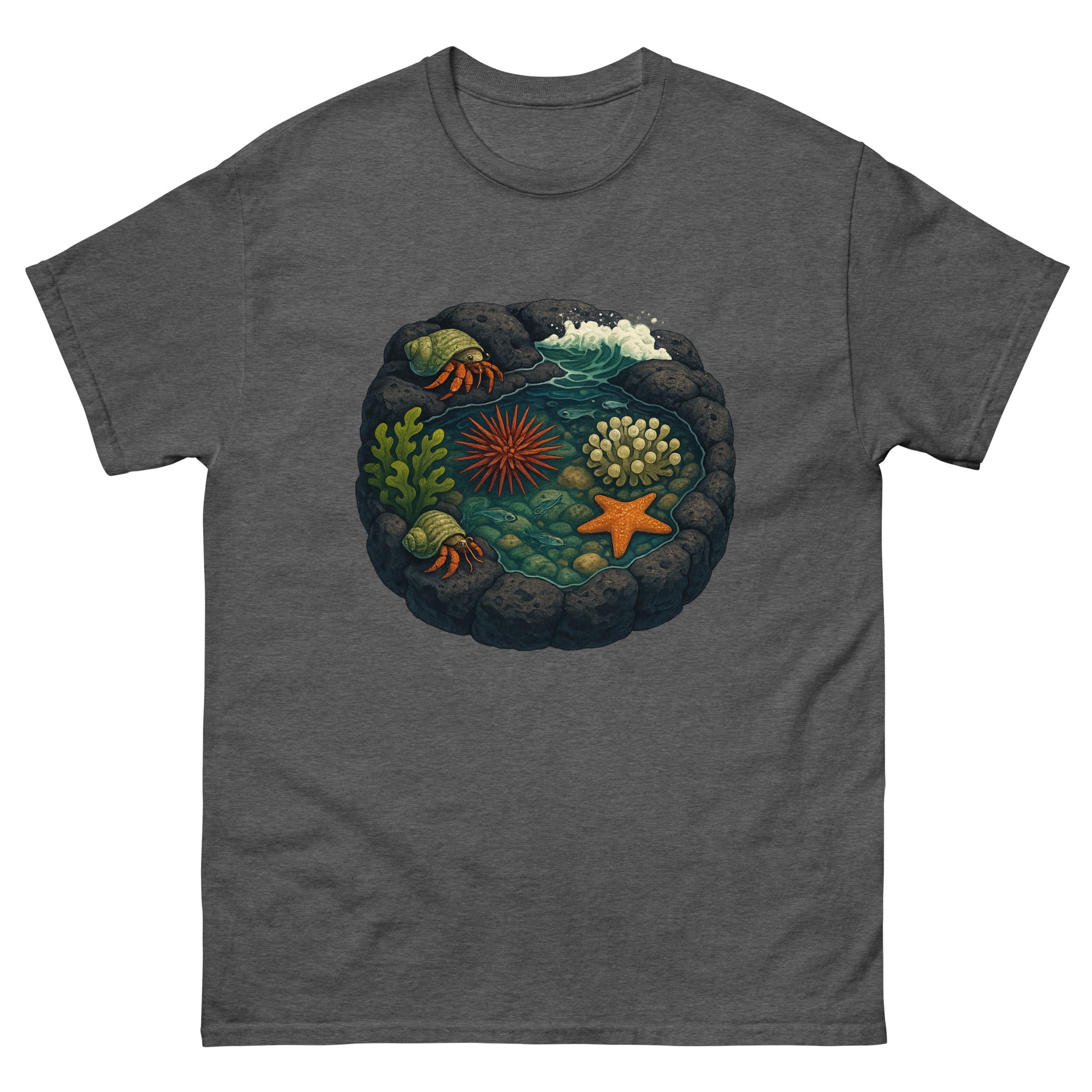 Tide Pools Hawaiian t-shirt design on a Dark Heather unisex tee