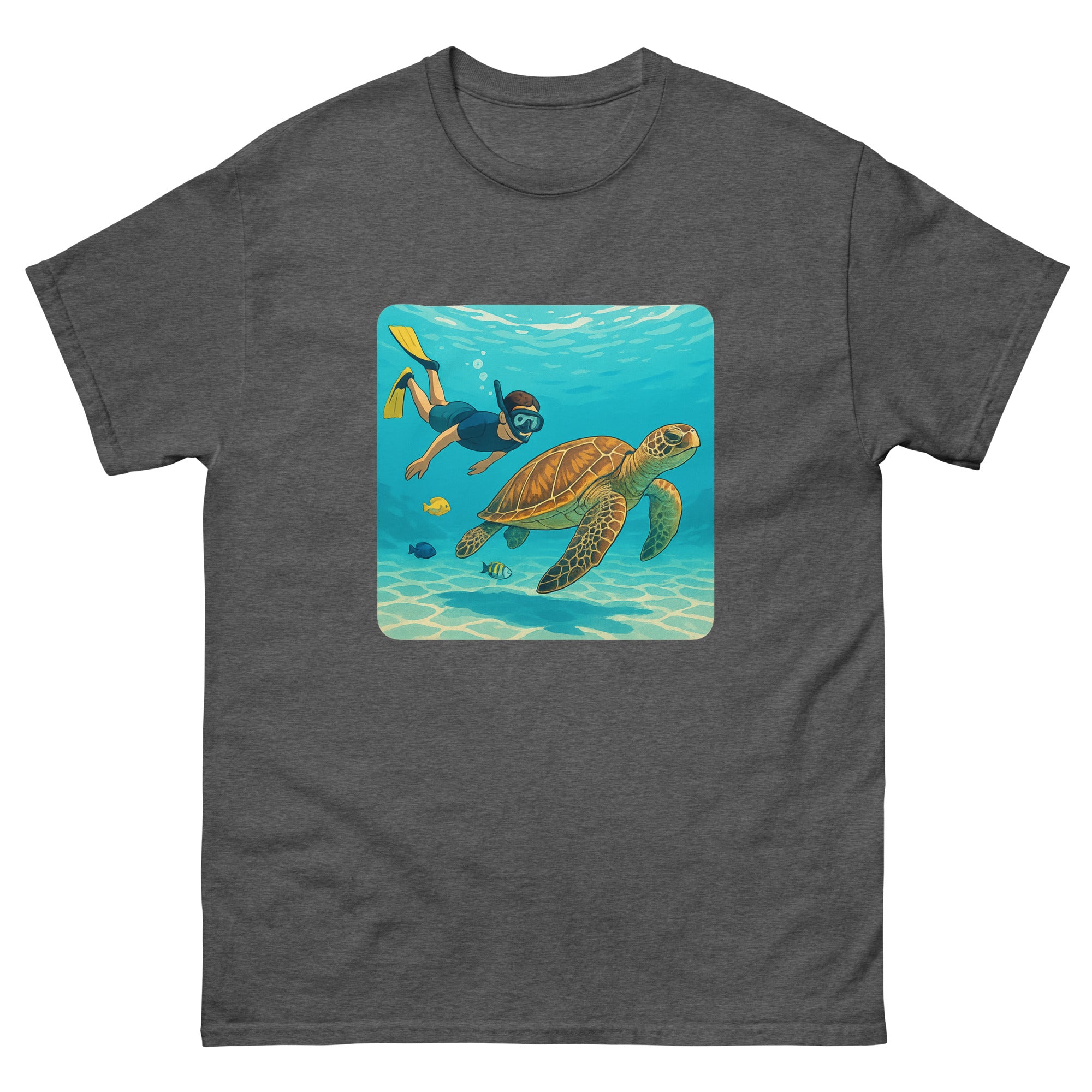 Snorkeler And Turtle Hawaiian t-shirt design on a Dark Heather unisex tee