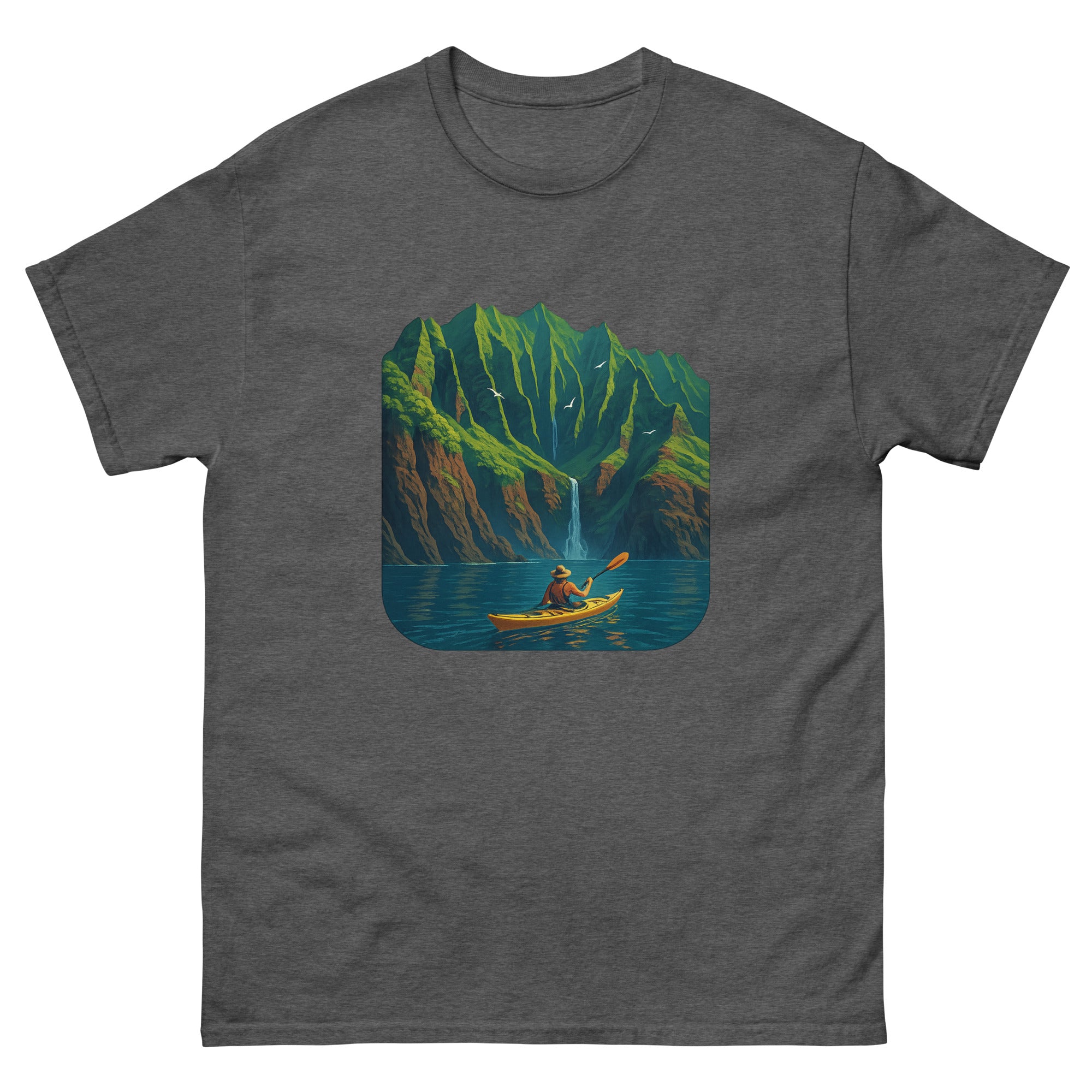 Kayaking The Coast Hawaiian t-shirt design on a Dark Heather unisex tee