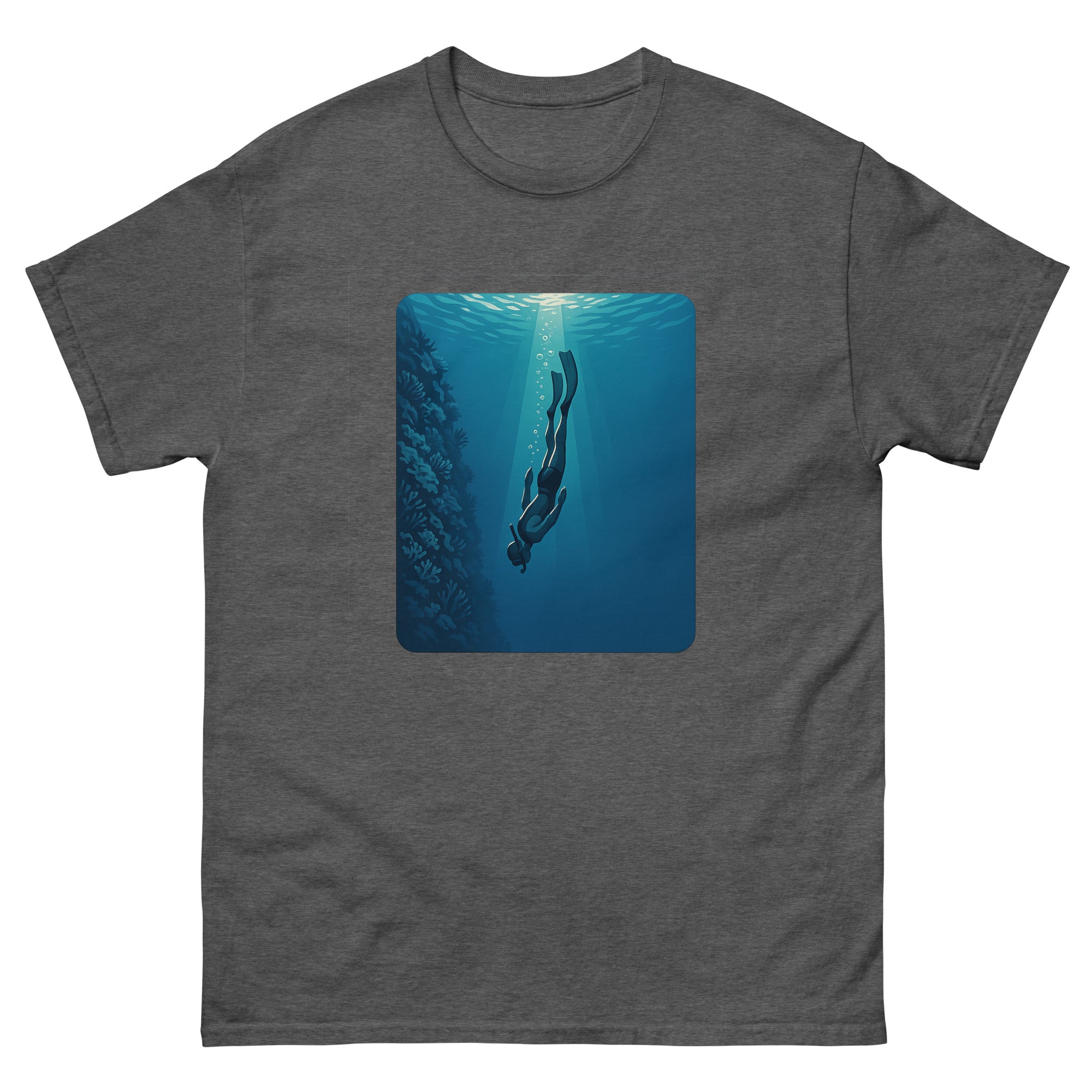 Free Diver Hawaiian t-shirt design on a Dark Heather unisex tee