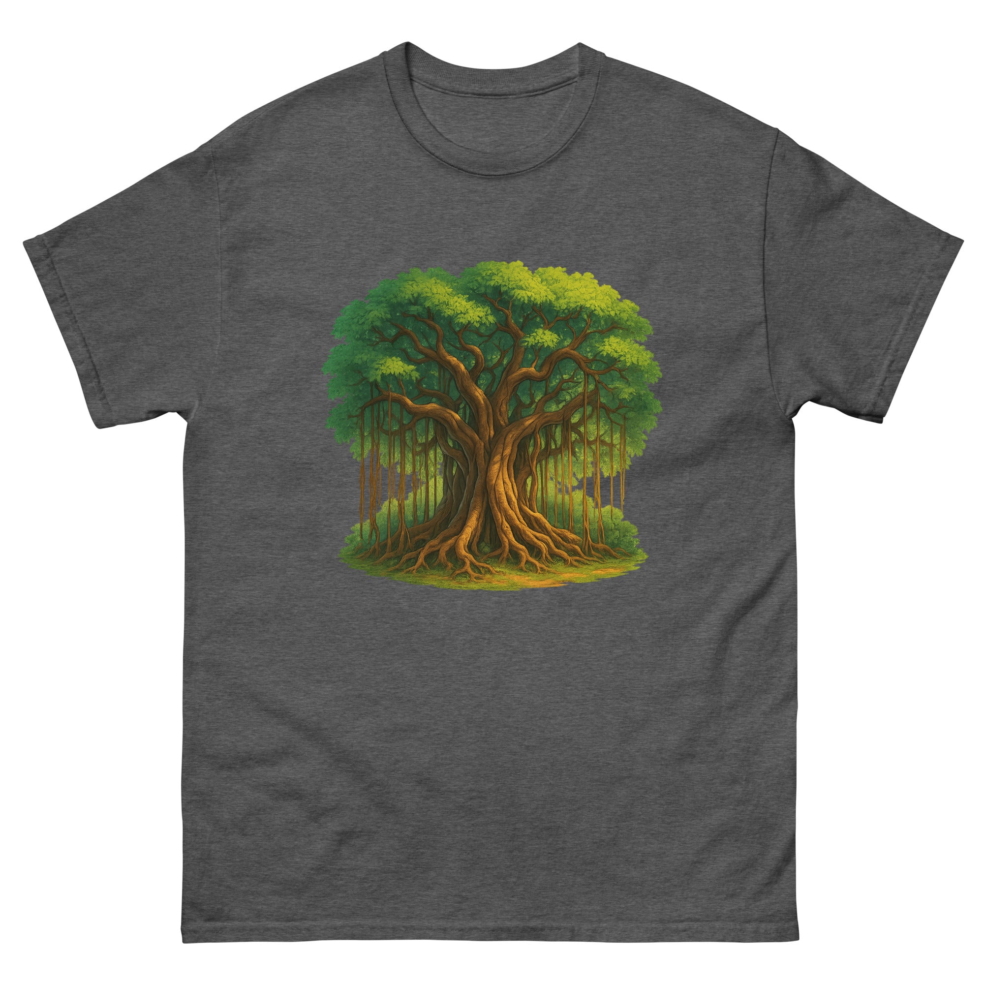 Banyan Tree Hawaiian t-shirt design on a Dark Heather unisex tee