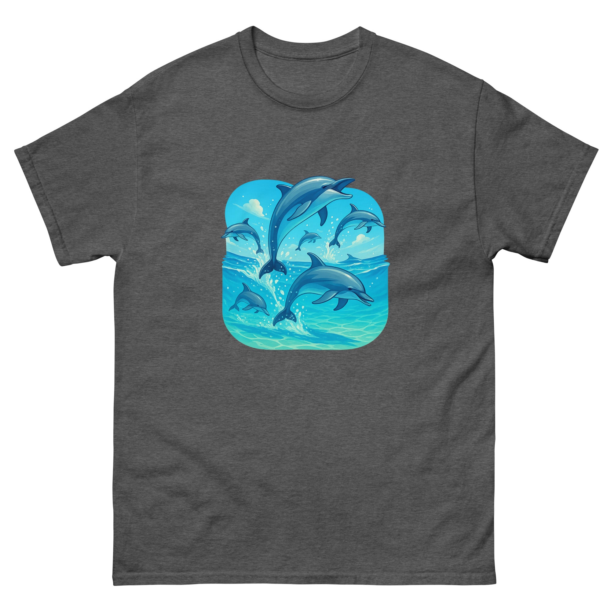Spinner Dolphin Pod Hawaiian t-shirt design on a Dark Heather unisex tee