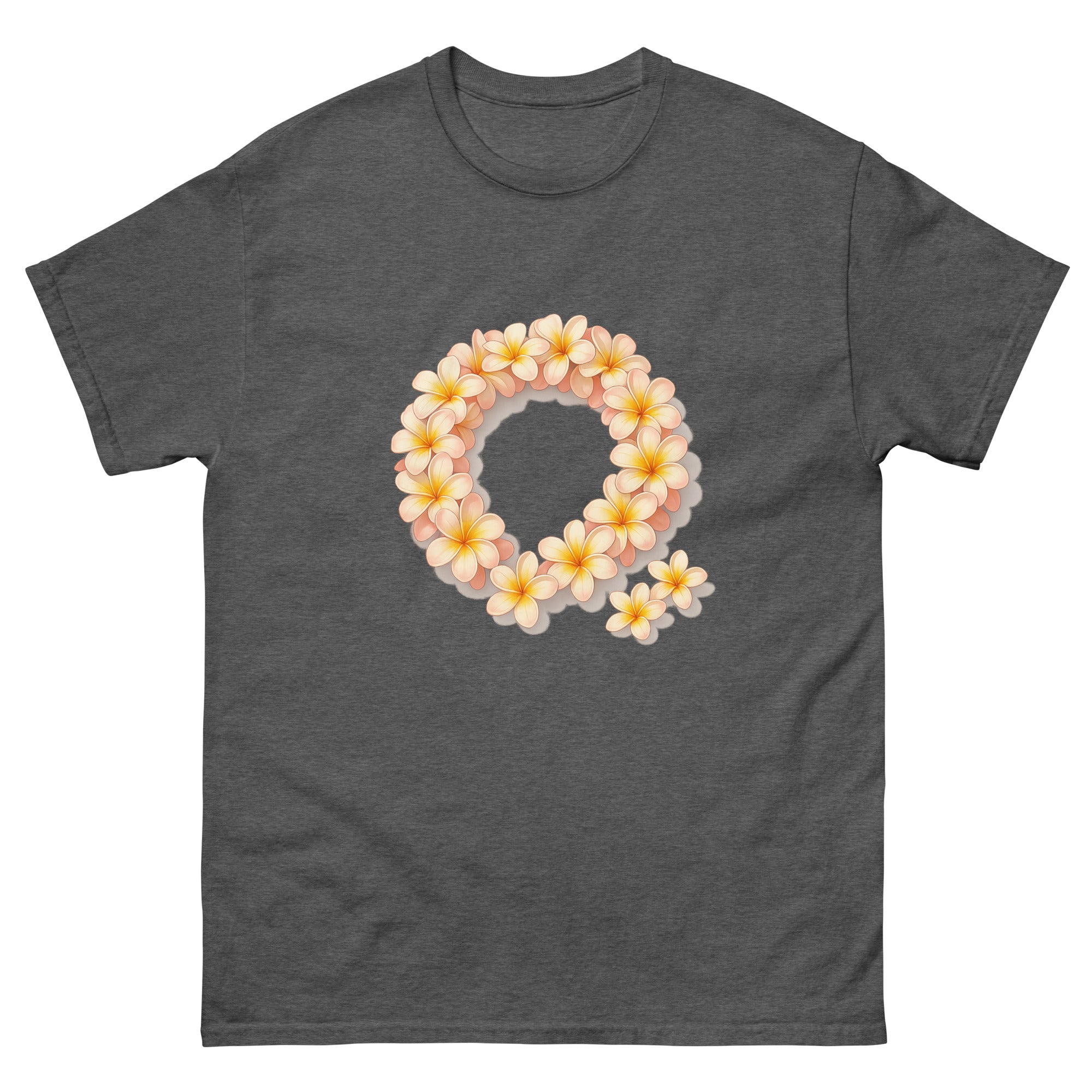Plumeria Lei Hawaiian t-shirt design on a Dark Heather unisex tee