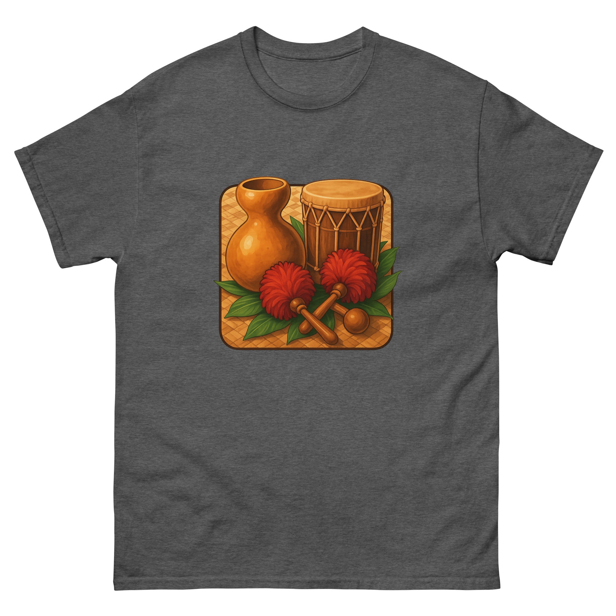 Hula Instruments Hawaiian t-shirt design on a Dark Heather unisex tee
