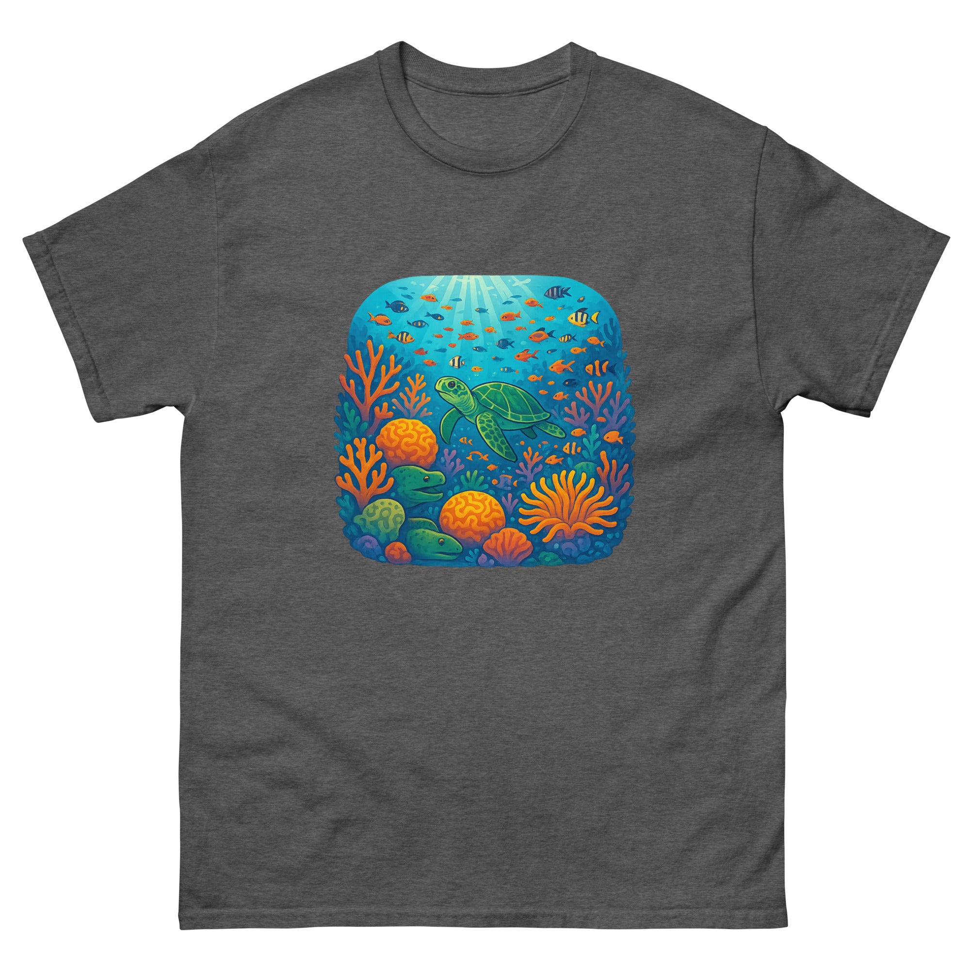 Coral Reef Garden Hawaiian t-shirt design on a Dark Heather unisex tee