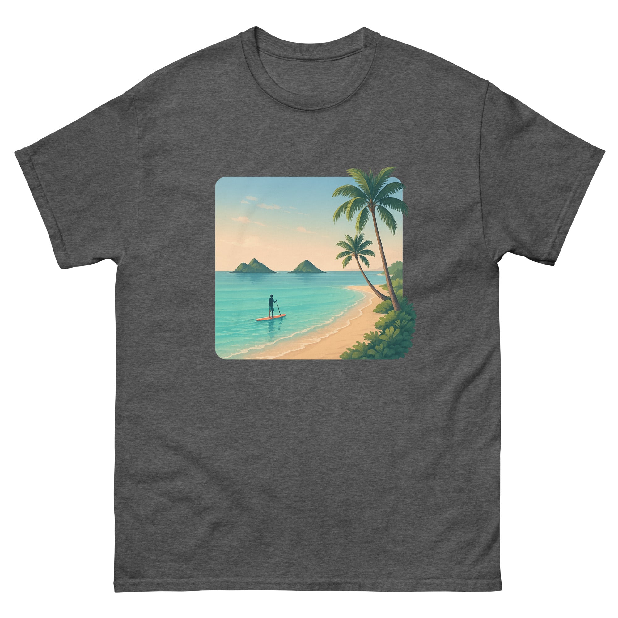 Lanikai Mokulua Hawaiian t-shirt design on a Dark Heather unisex tee