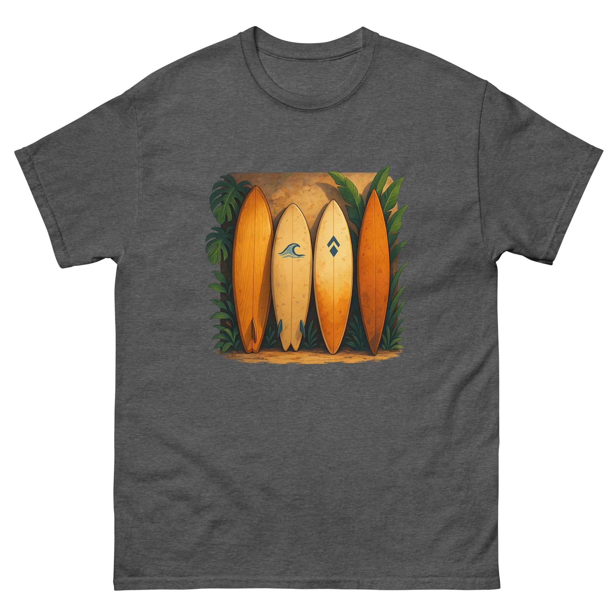 Surfboard Quiver Hawaiian t-shirt design on a Dark Heather unisex tee