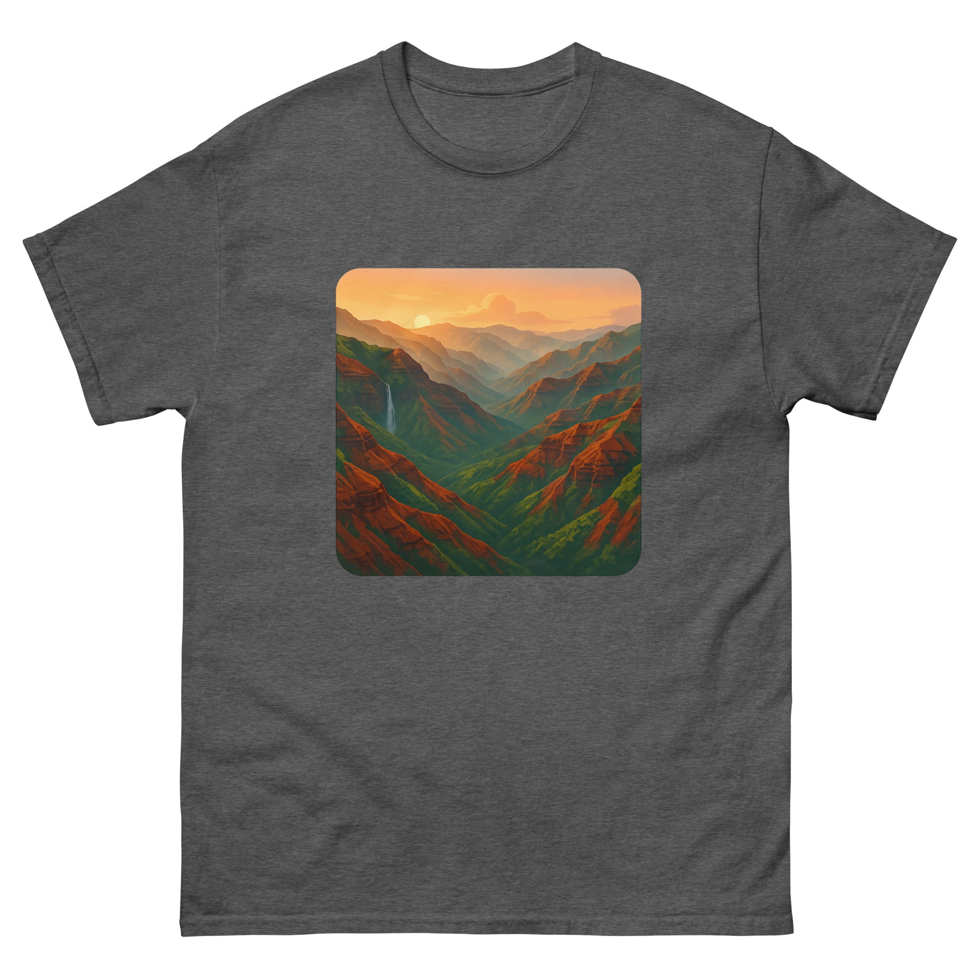 Waimea Canyon Sunrise Hawaiian t-shirt design on a Dark Heather unisex tee