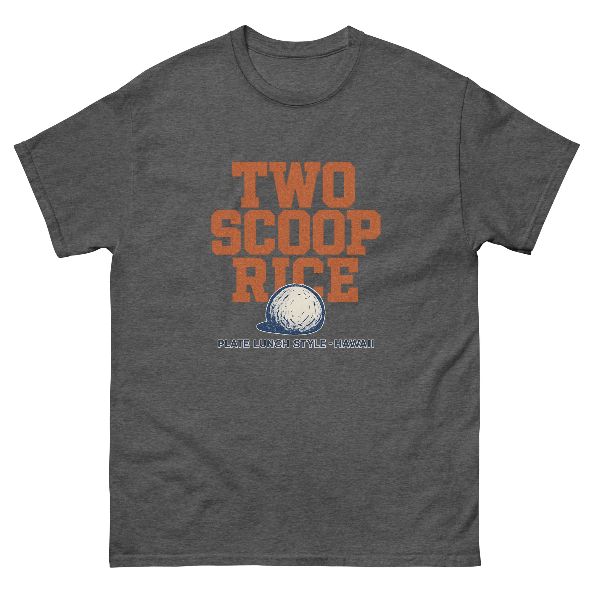 Two Scoop Rice Hawaiian t-shirt design on a Dark Heather unisex tee