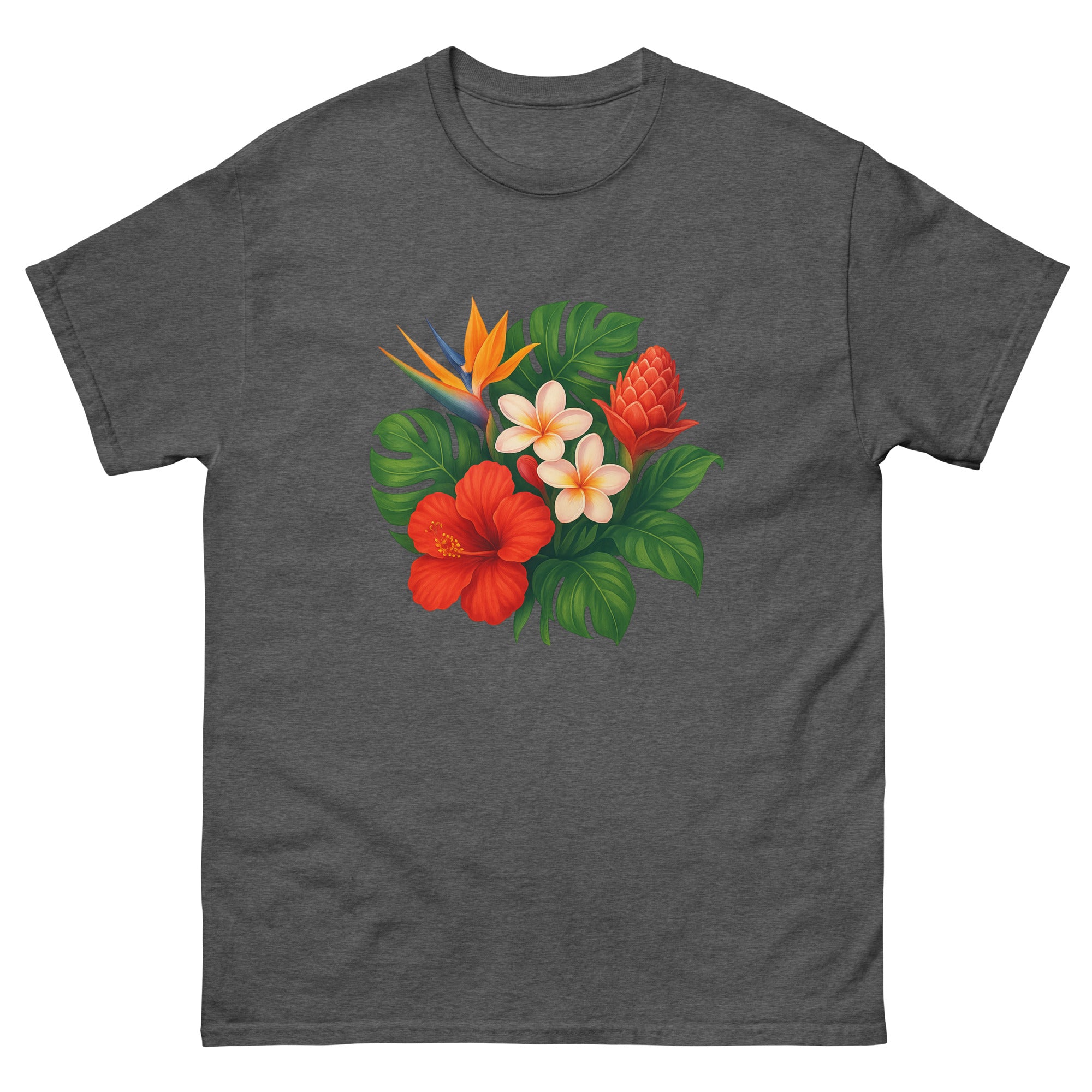 Tropical Flora Bouquet Hawaiian t-shirt design on a Dark Heather unisex tee