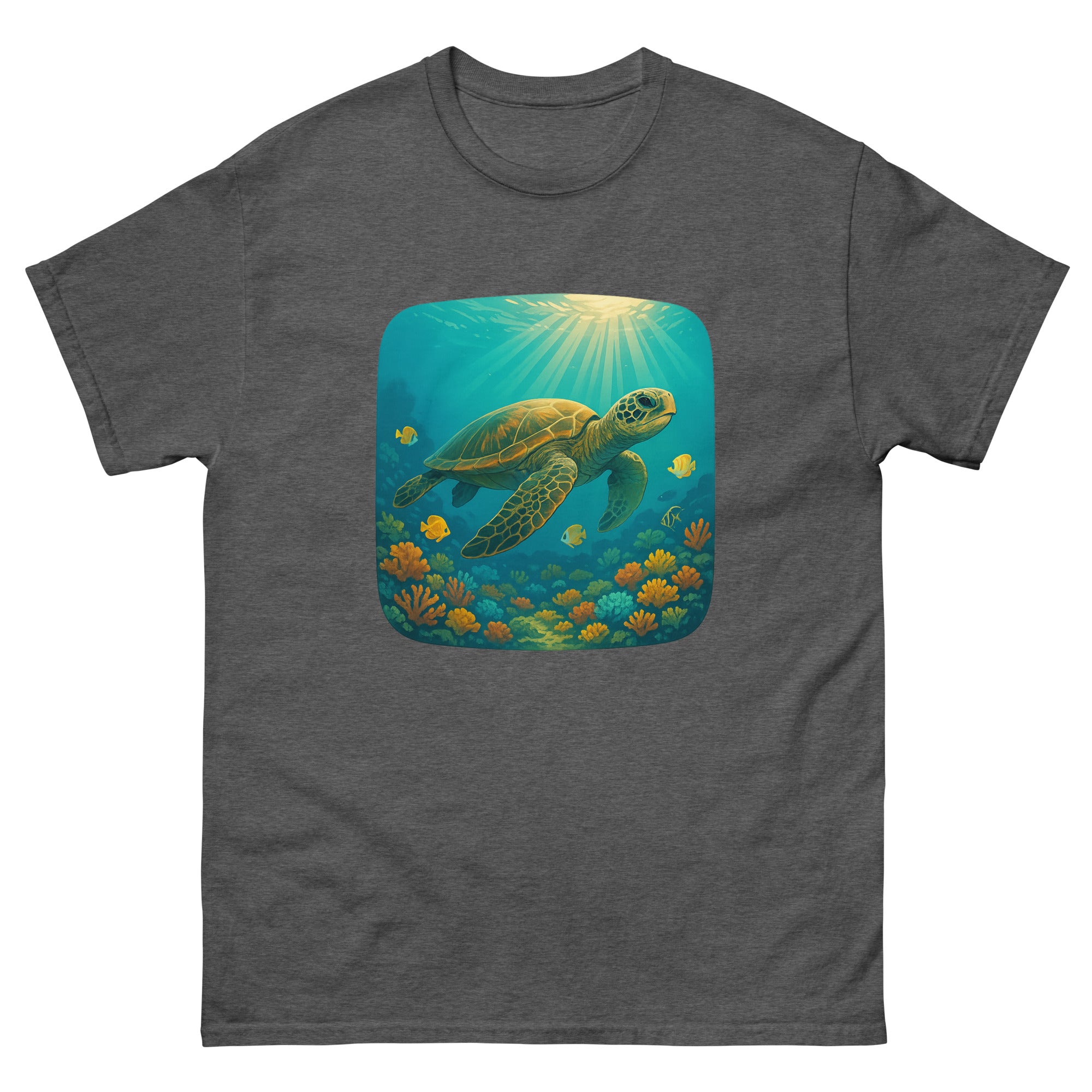 Honu Reef Scene Hawaiian t-shirt design on a Dark Heather unisex tee