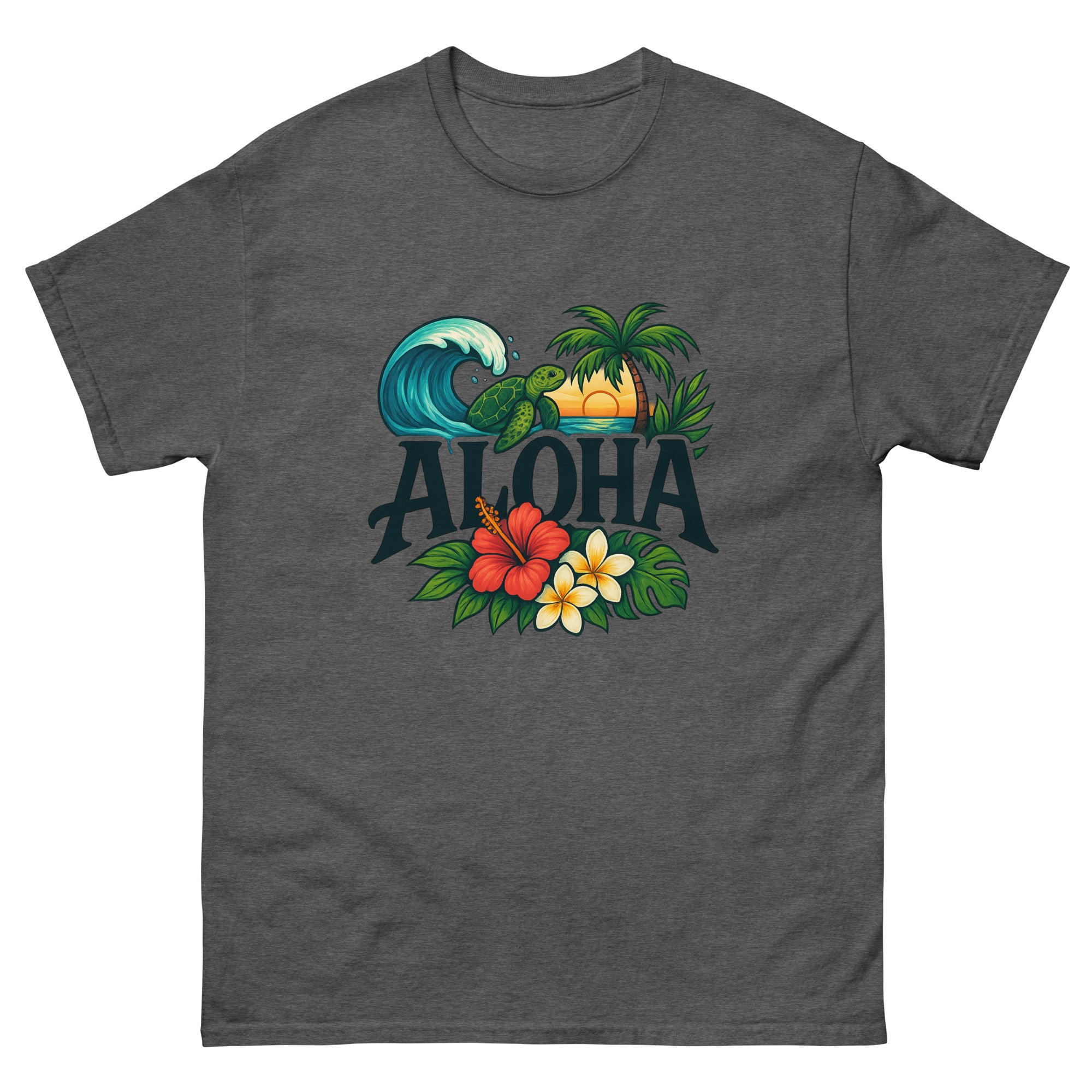 Aloha Illustrated Type Hawaiian t-shirt design on a Dark Heather unisex tee