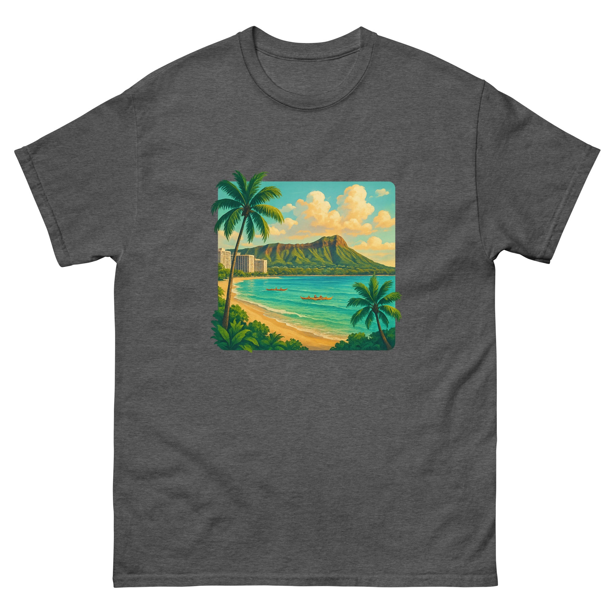 Diamond Head Vista Hawaiian t-shirt design on a Dark Heather unisex tee