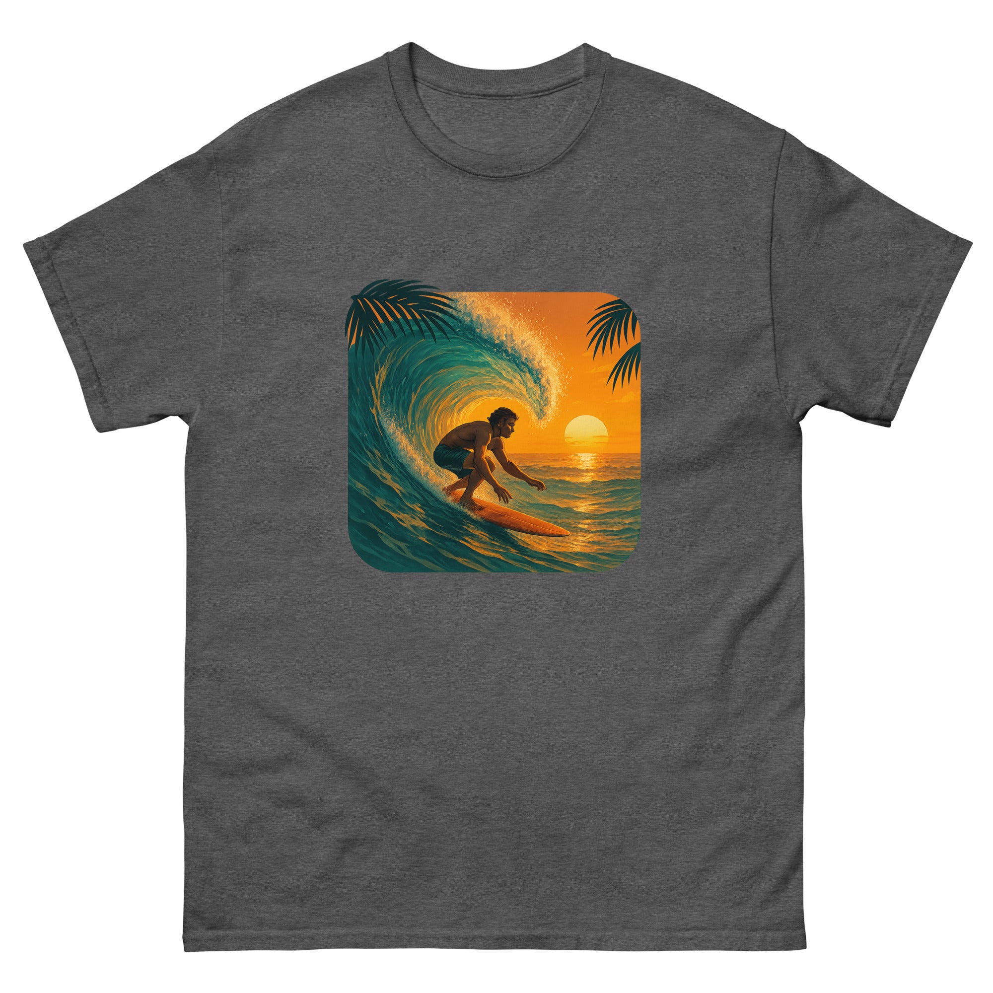 Golden Hour Surf Hawaiian t-shirt design on a Dark Heather unisex tee