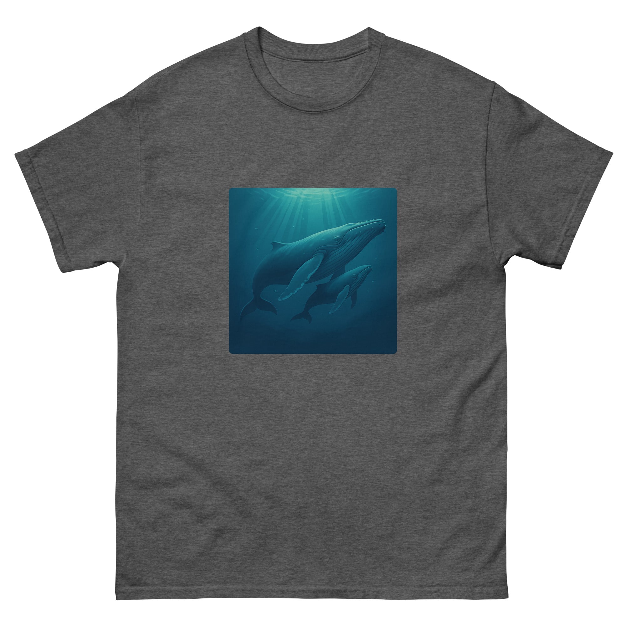 Humpback And Calf Hawaiian t-shirt design on a Dark Heather unisex tee