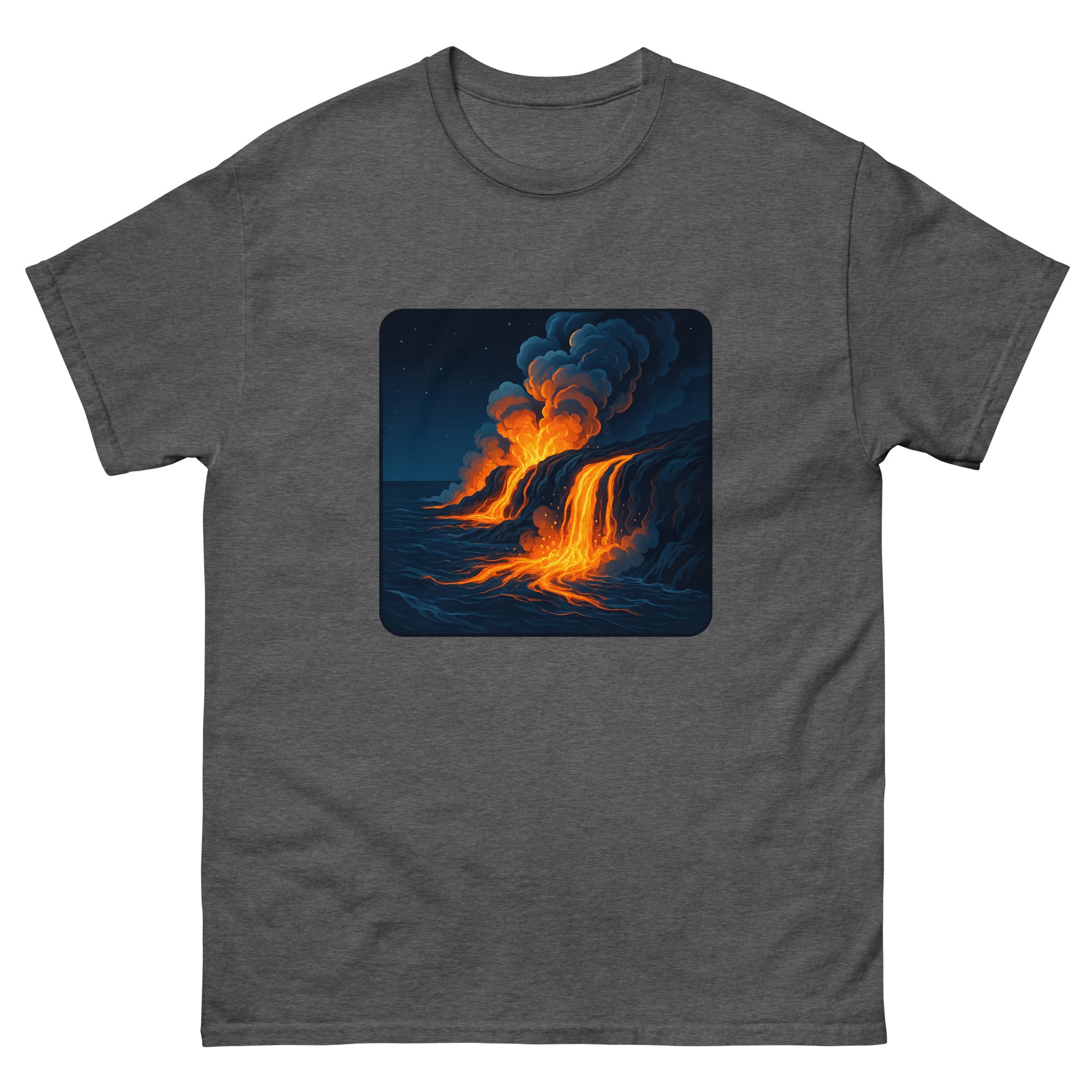 Volcano Glow Hawaiian t-shirt design on a Dark Heather unisex tee
