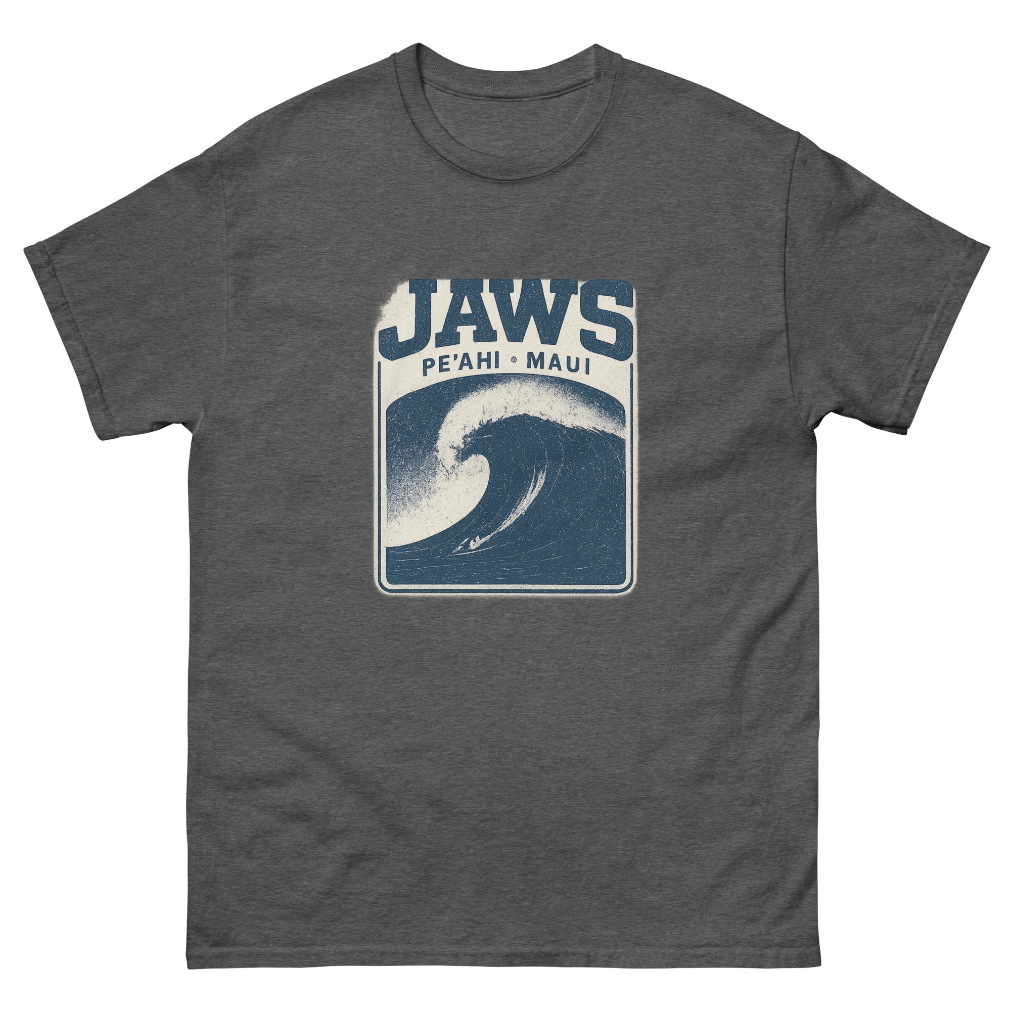 Jaws Peahi Hawaiian t-shirt design on a Dark Heather unisex tee