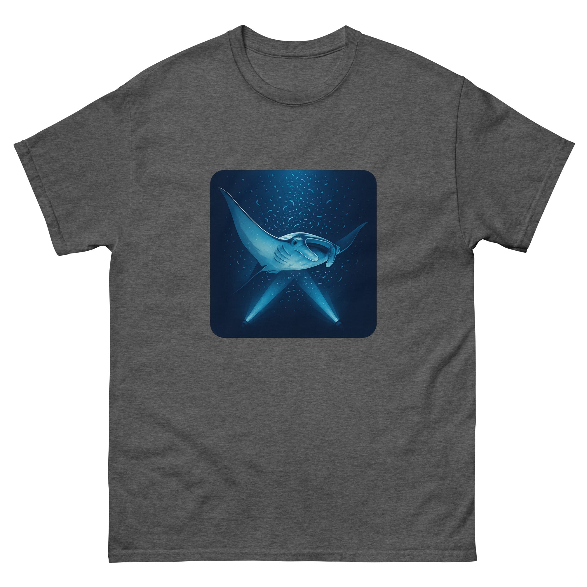 Manta Ray Night Dive Hawaiian t-shirt design on a Dark Heather unisex tee