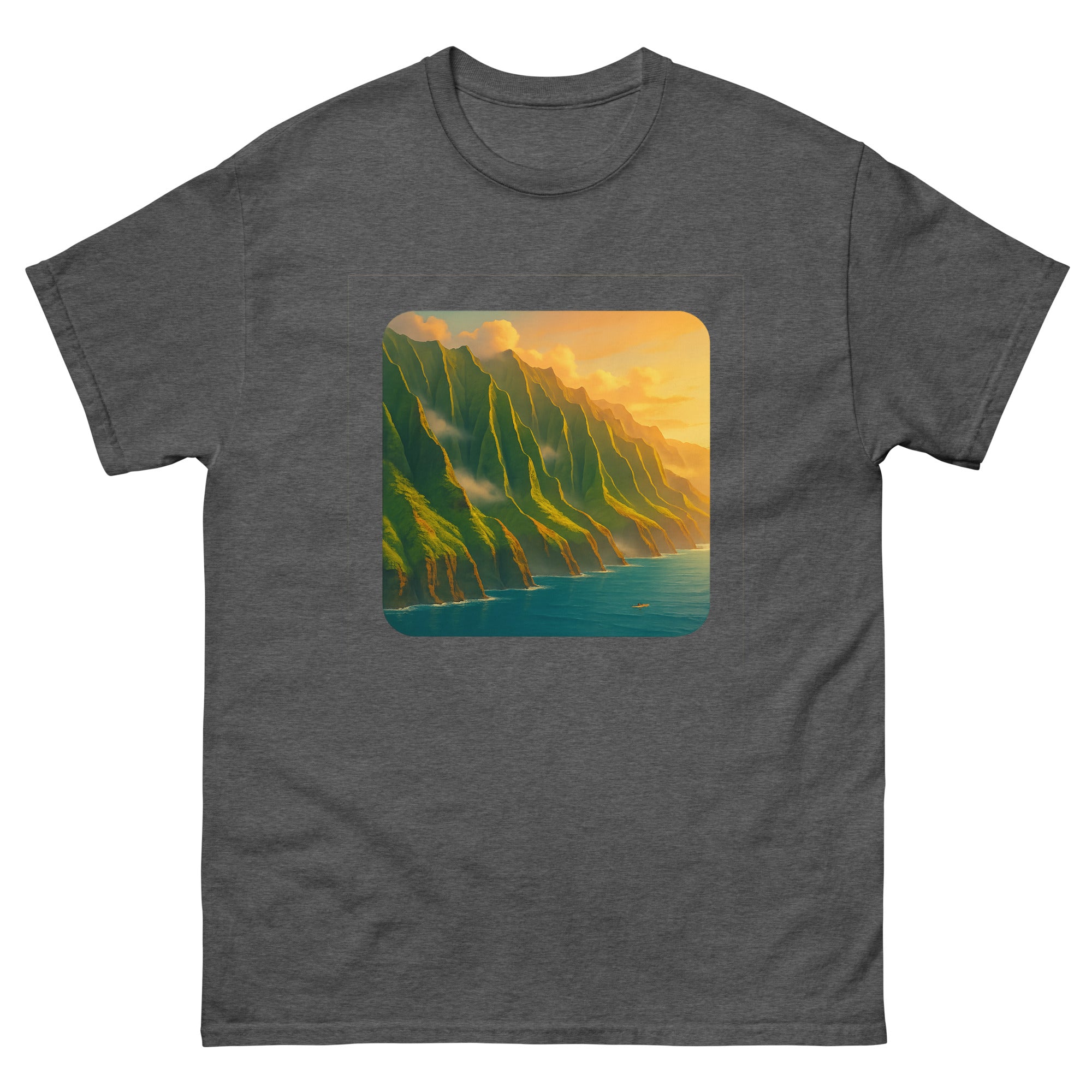 Na Pali Coast Hawaiian t-shirt design on a Dark Heather unisex tee