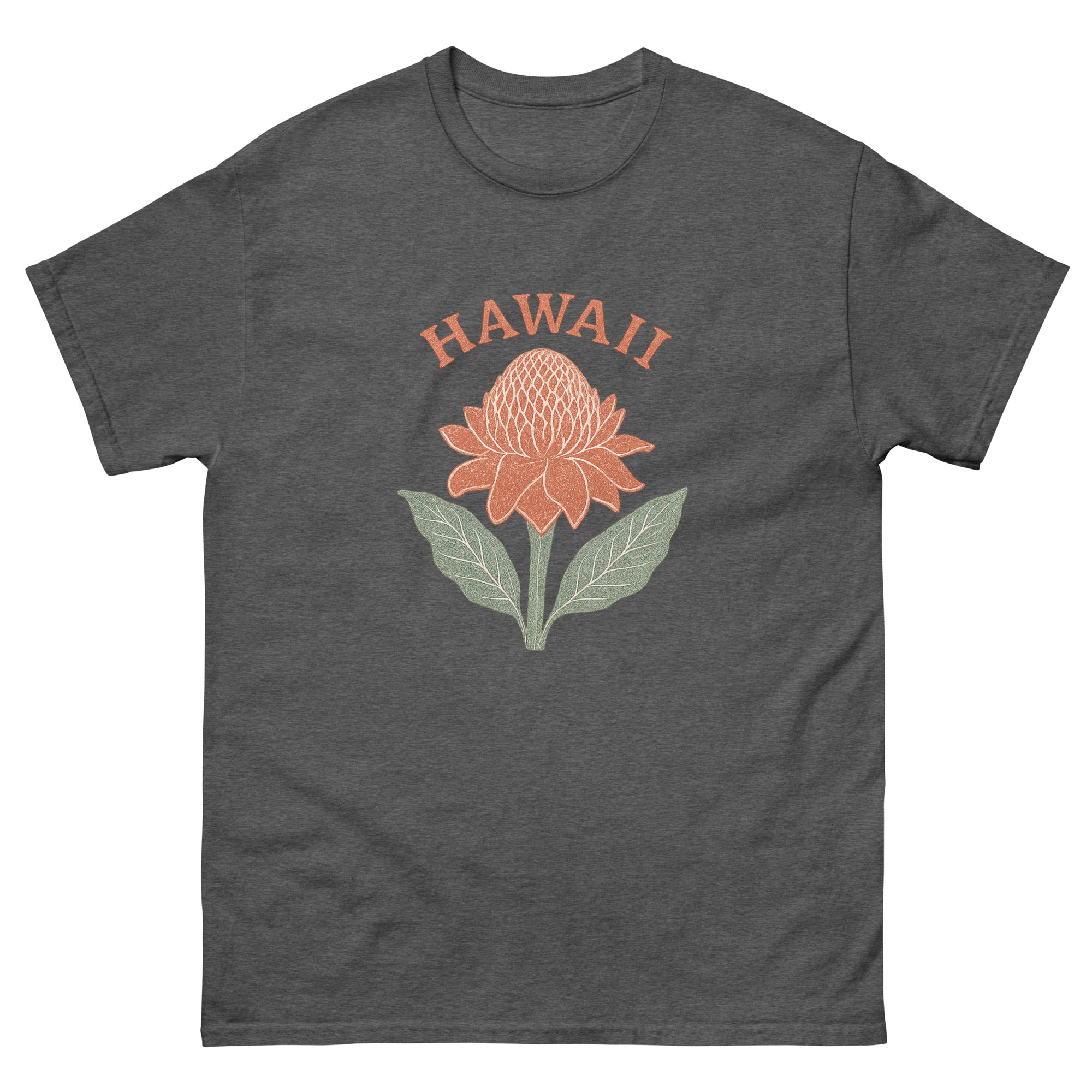 Red Ginger Hawaiian t-shirt design on a Dark Heather unisex tee