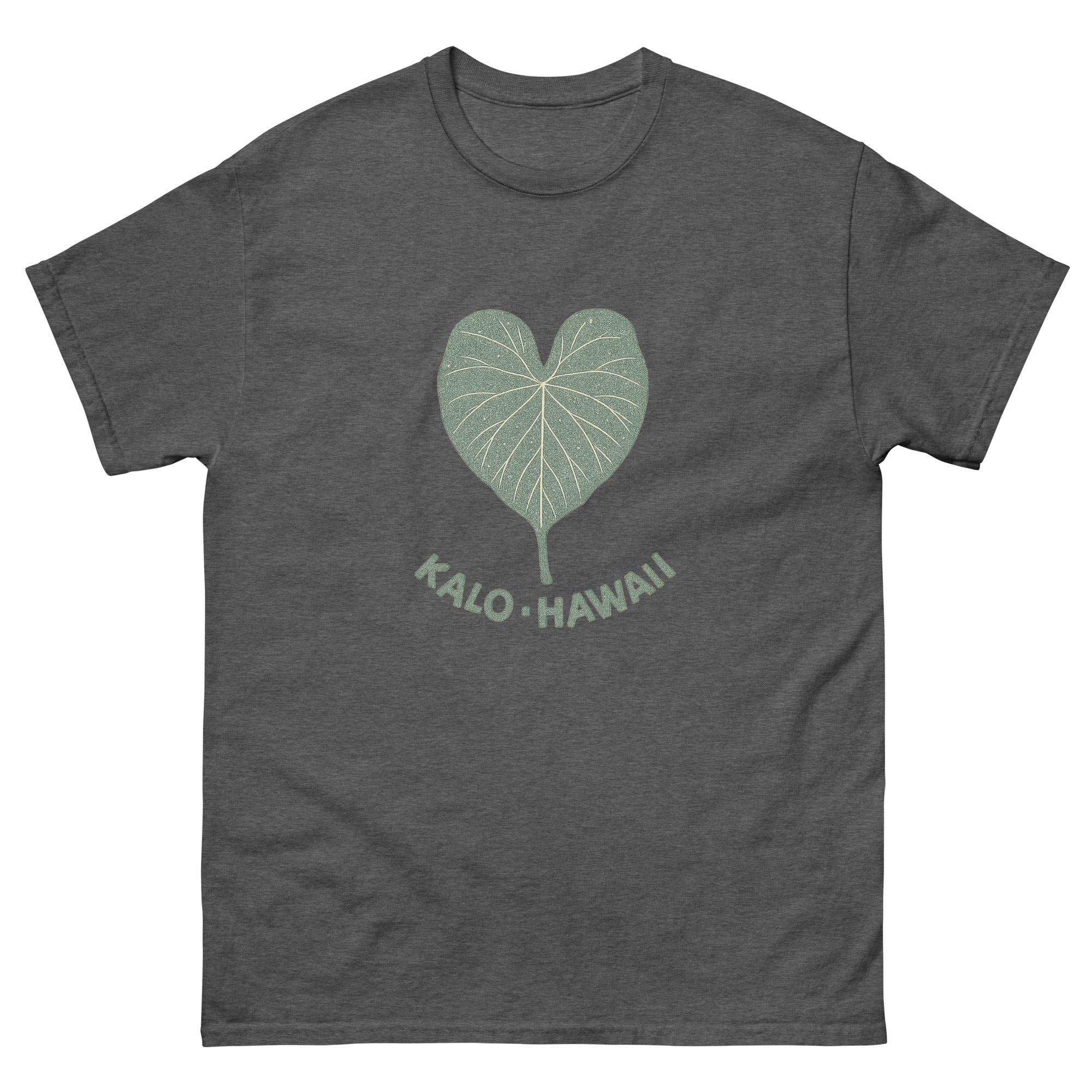 Kalo Taro Leaf Hawaiian t-shirt design on a Dark Heather unisex tee