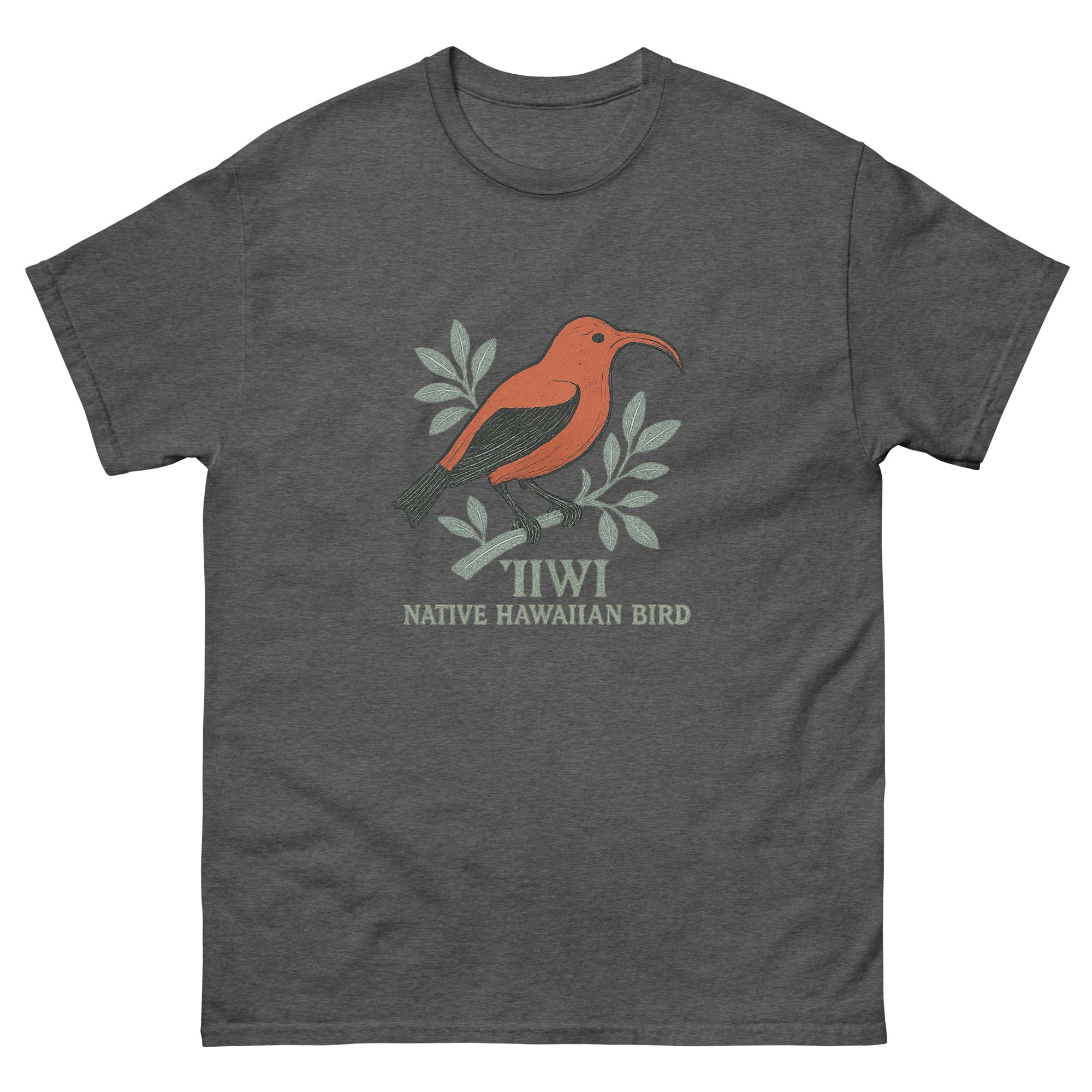 Iiwi Bird Hawaiian t-shirt design on a Dark Heather unisex tee
