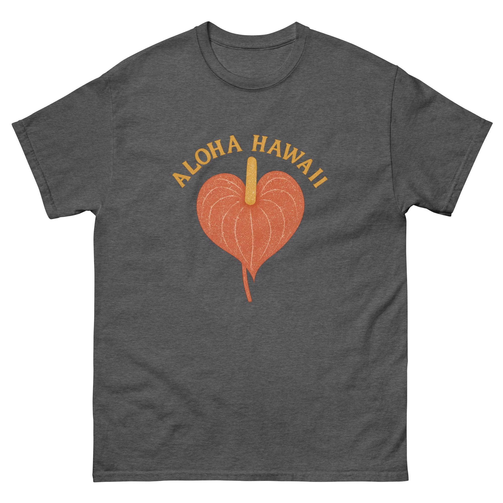 Anthurium Hawaiian t-shirt design on a Dark Heather unisex tee