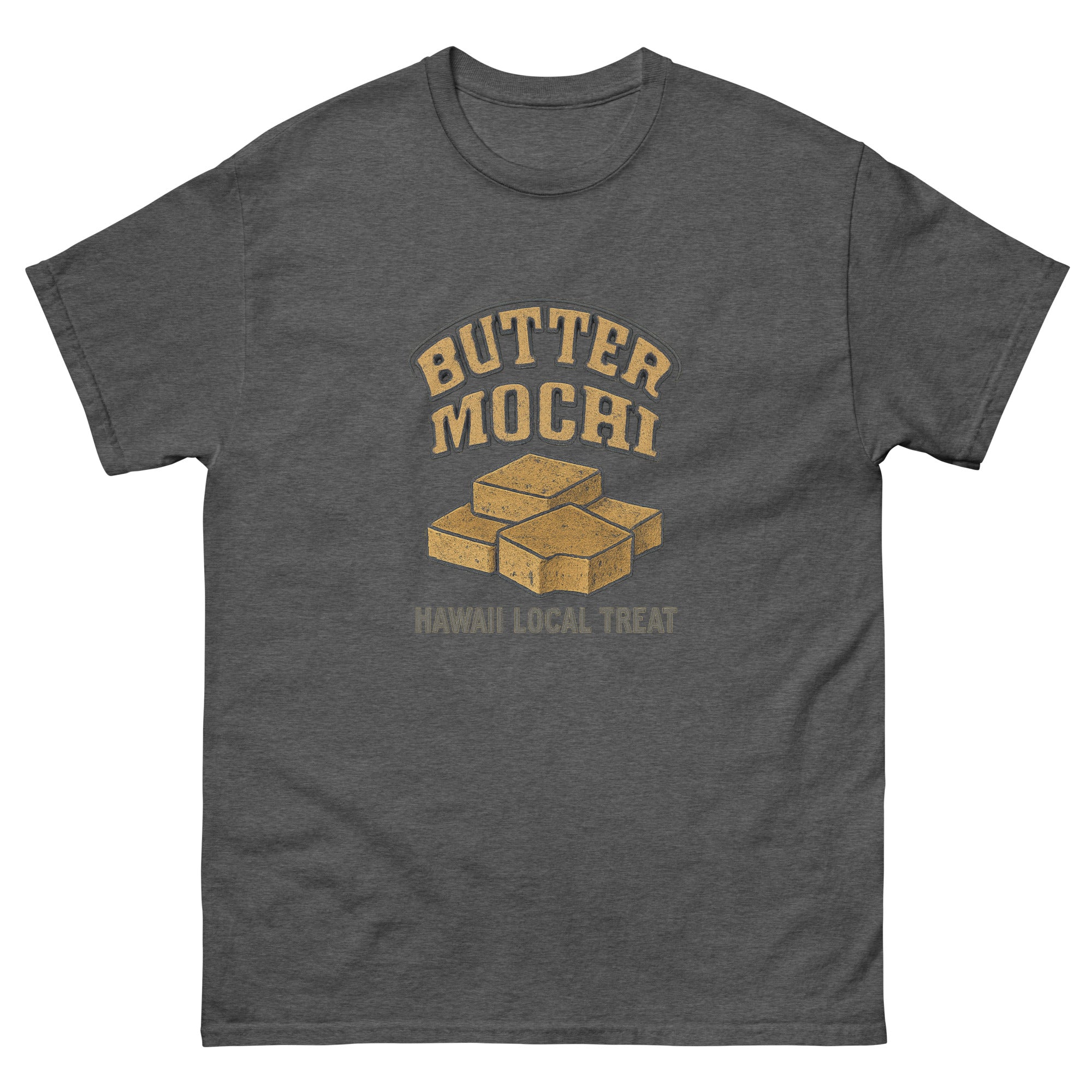 Butter Mochi Hawaiian t-shirt design on a Dark Heather unisex tee