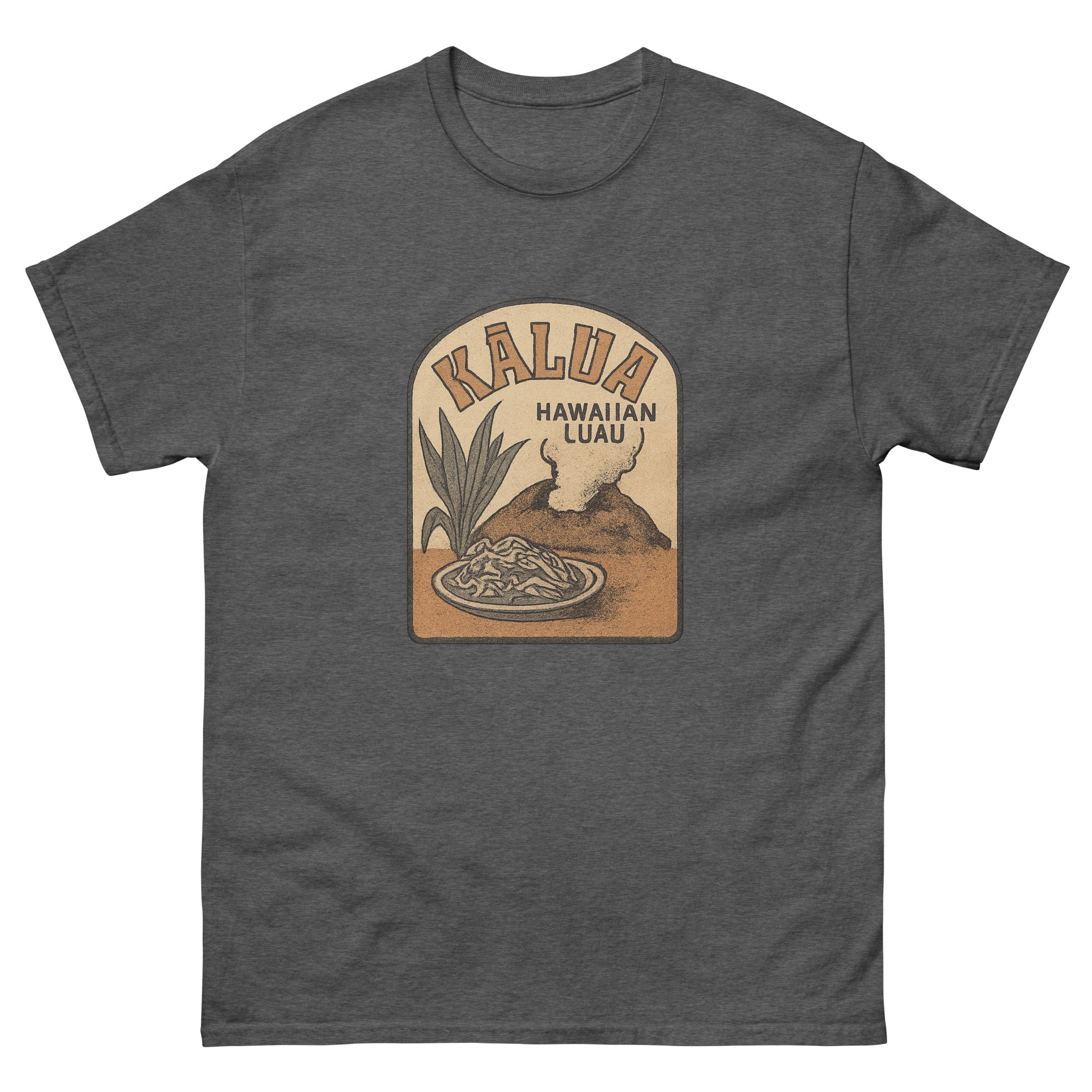 Kalua Pig Hawaiian t-shirt design on a Dark Heather unisex tee