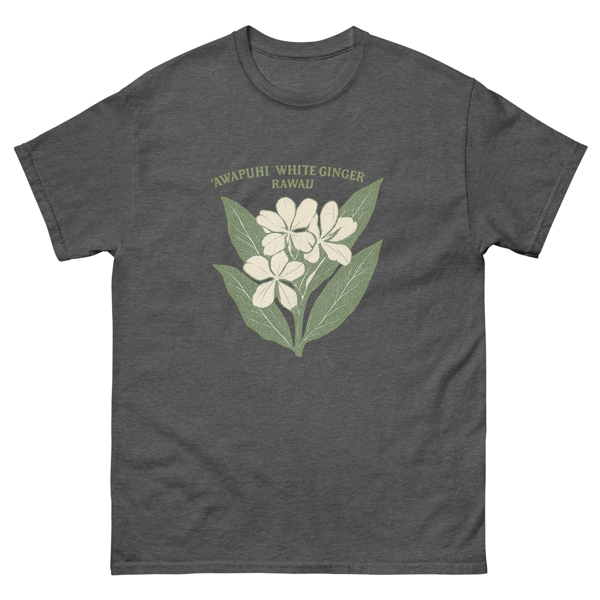 White Ginger Hawaiian t-shirt design on a Dark Heather unisex tee