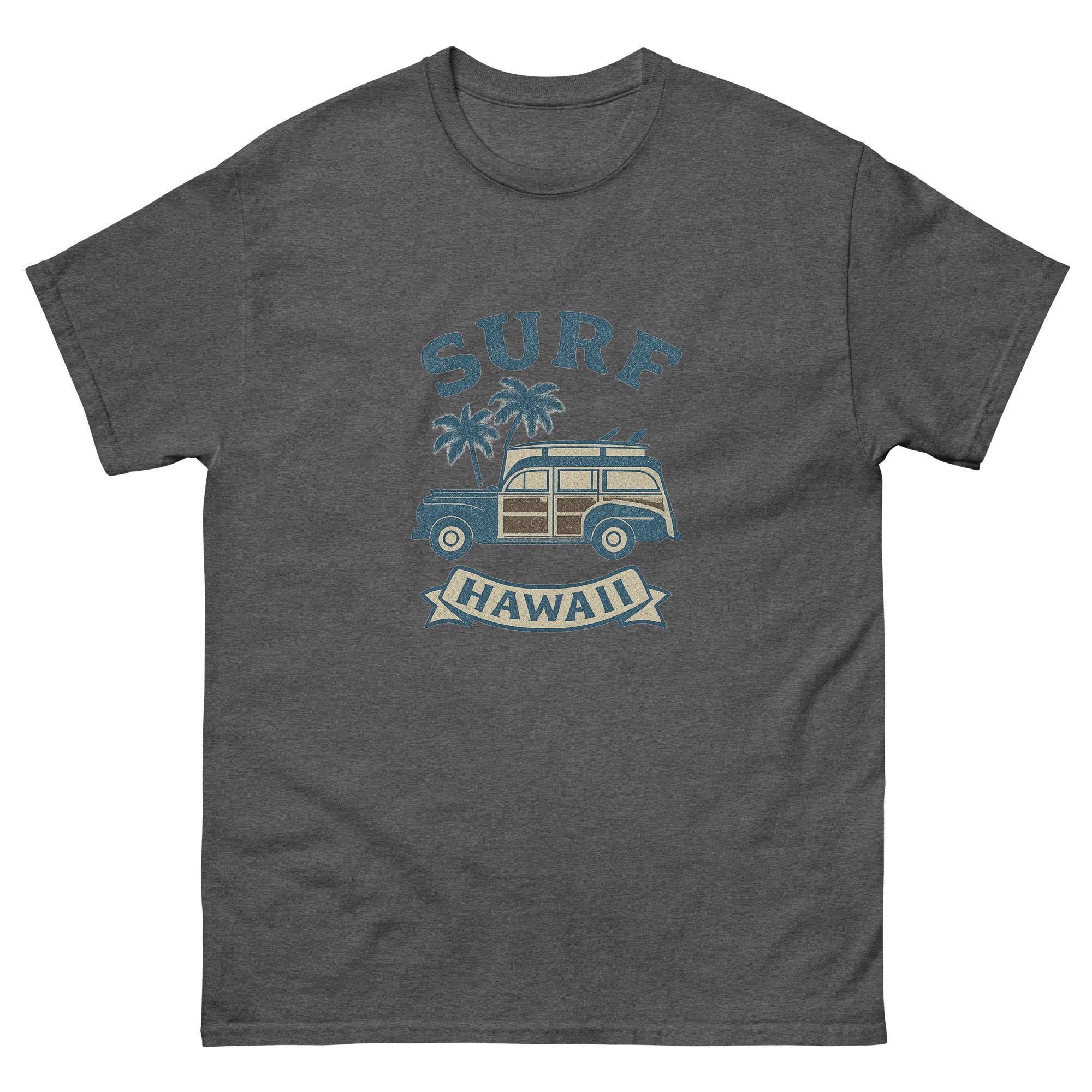Woody Wagon Hawaiian t-shirt design on a Dark Heather unisex tee