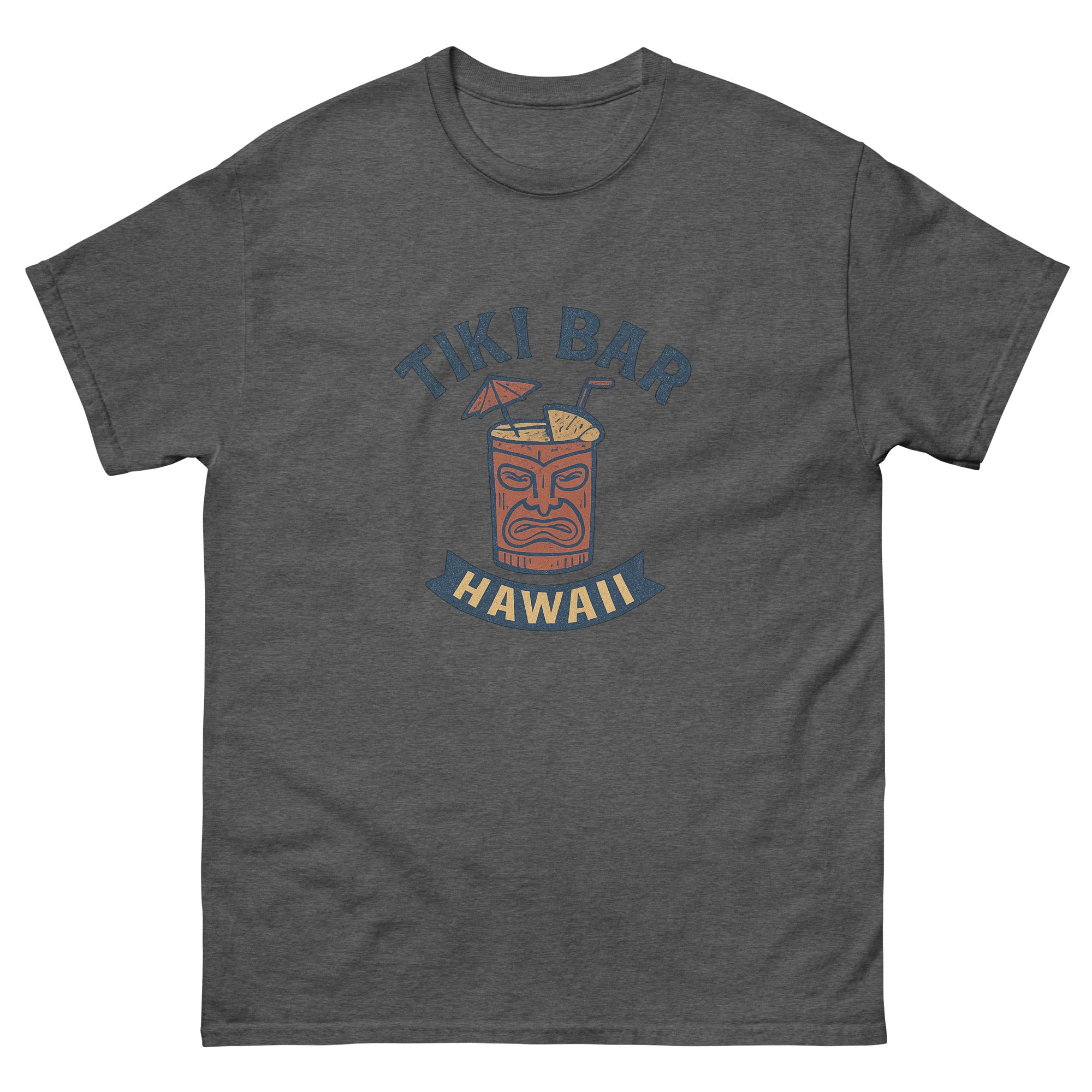 Tiki Mug Hawaiian t-shirt design on a Dark Heather unisex tee