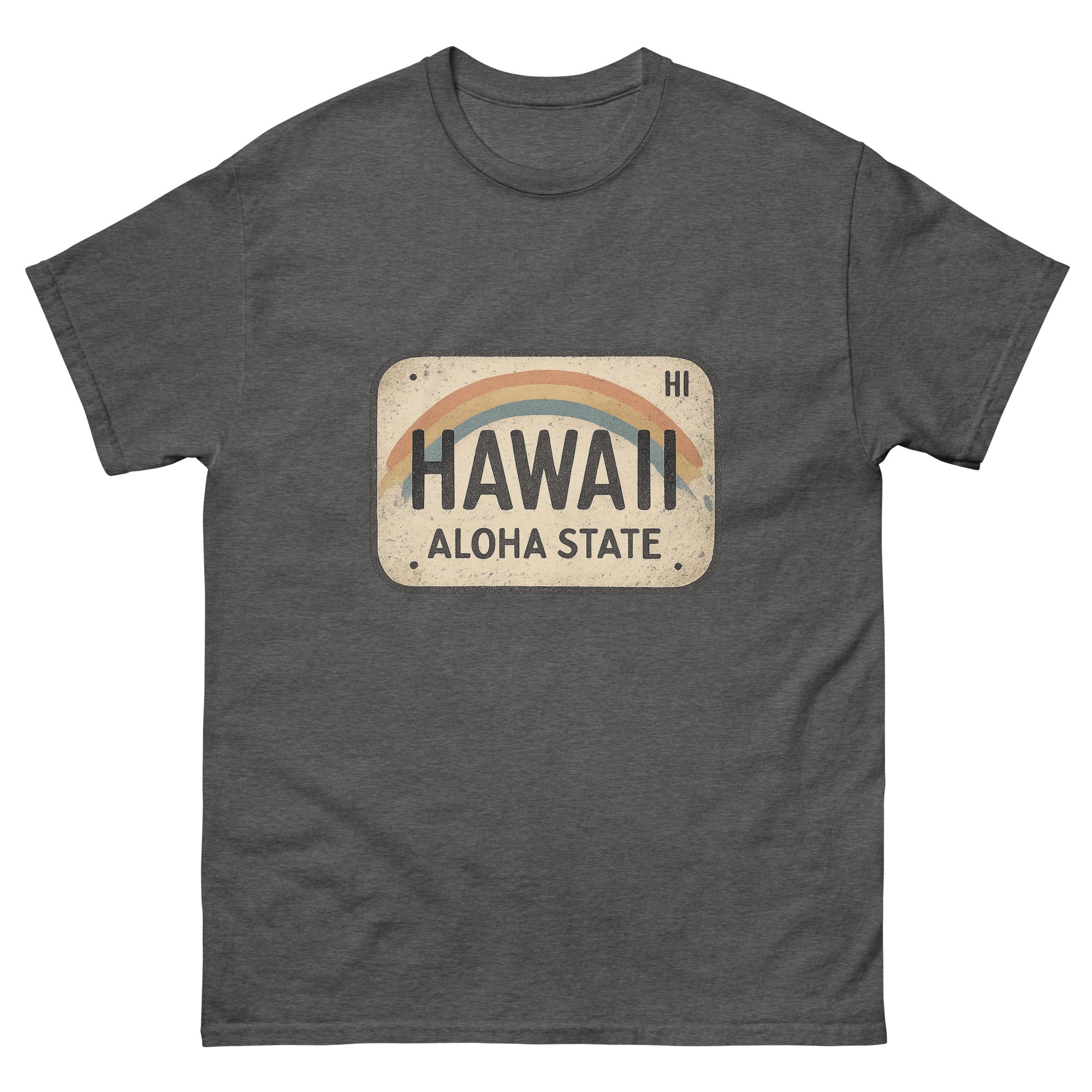 Hawaii License Plate Hawaiian t-shirt design on a Dark Heather unisex tee