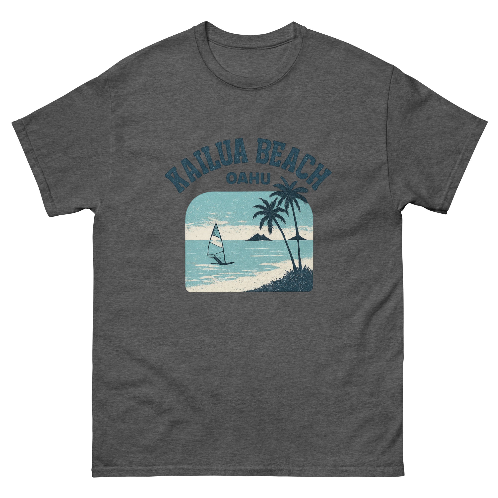 Kailua Beach Hawaiian t-shirt design on a Dark Heather unisex tee