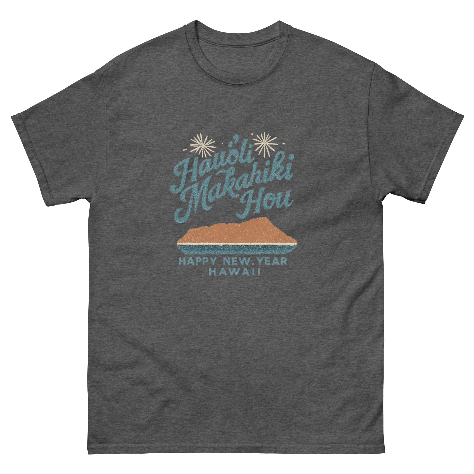 Hauoli Makahiki Hou Hawaiian t-shirt design on a Dark Heather unisex tee