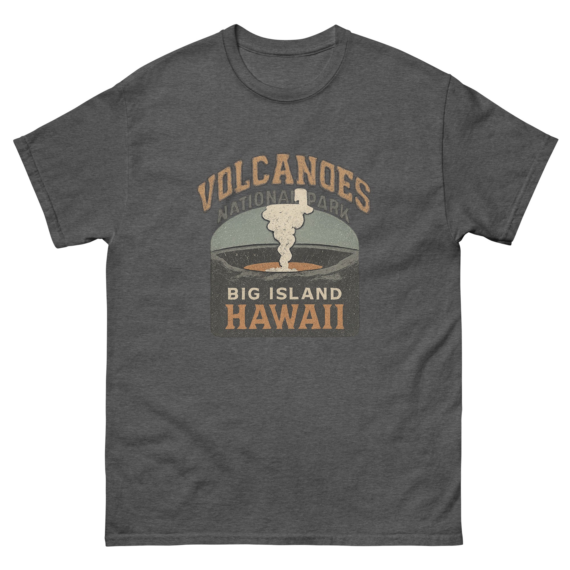 Volcanoes National Park Hawaiian t-shirt design on a Dark Heather unisex tee