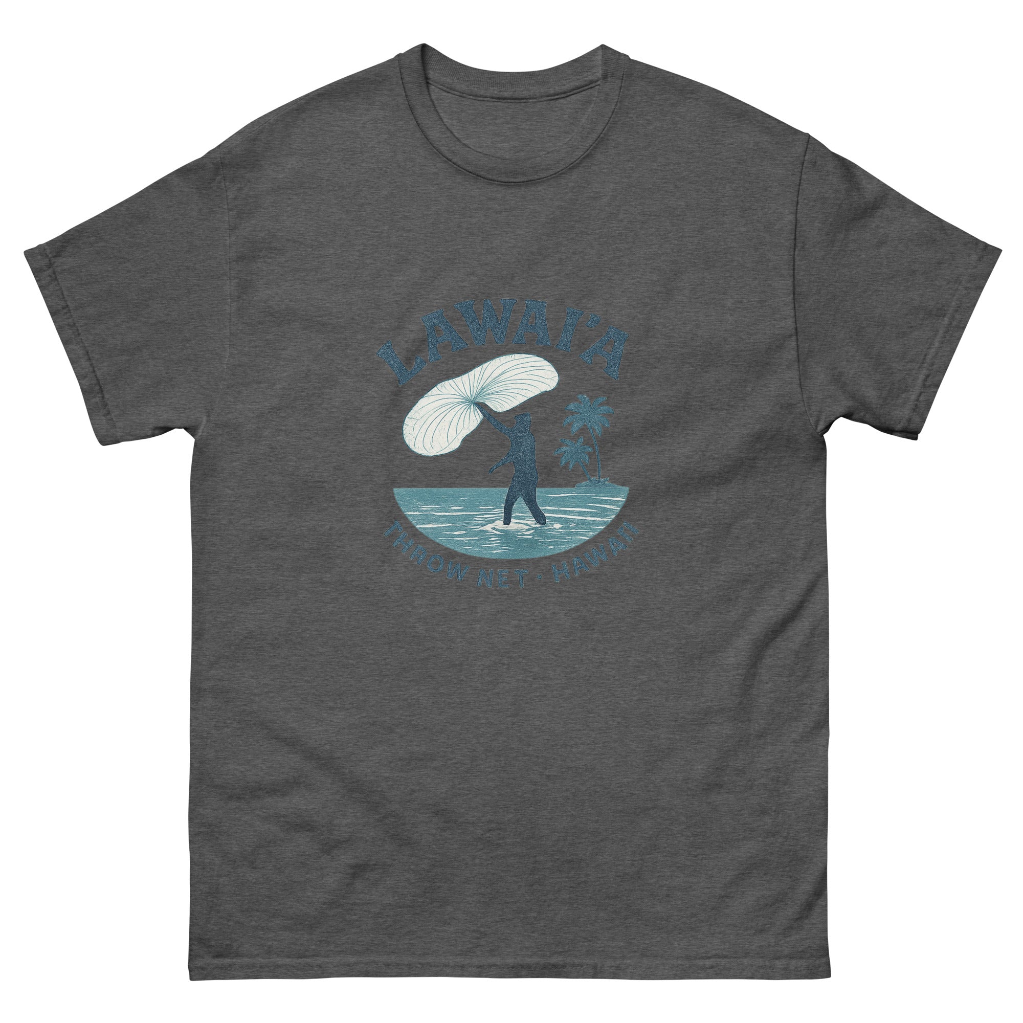 Throw Net Fishing Hawaiian t-shirt design on a Dark Heather unisex tee