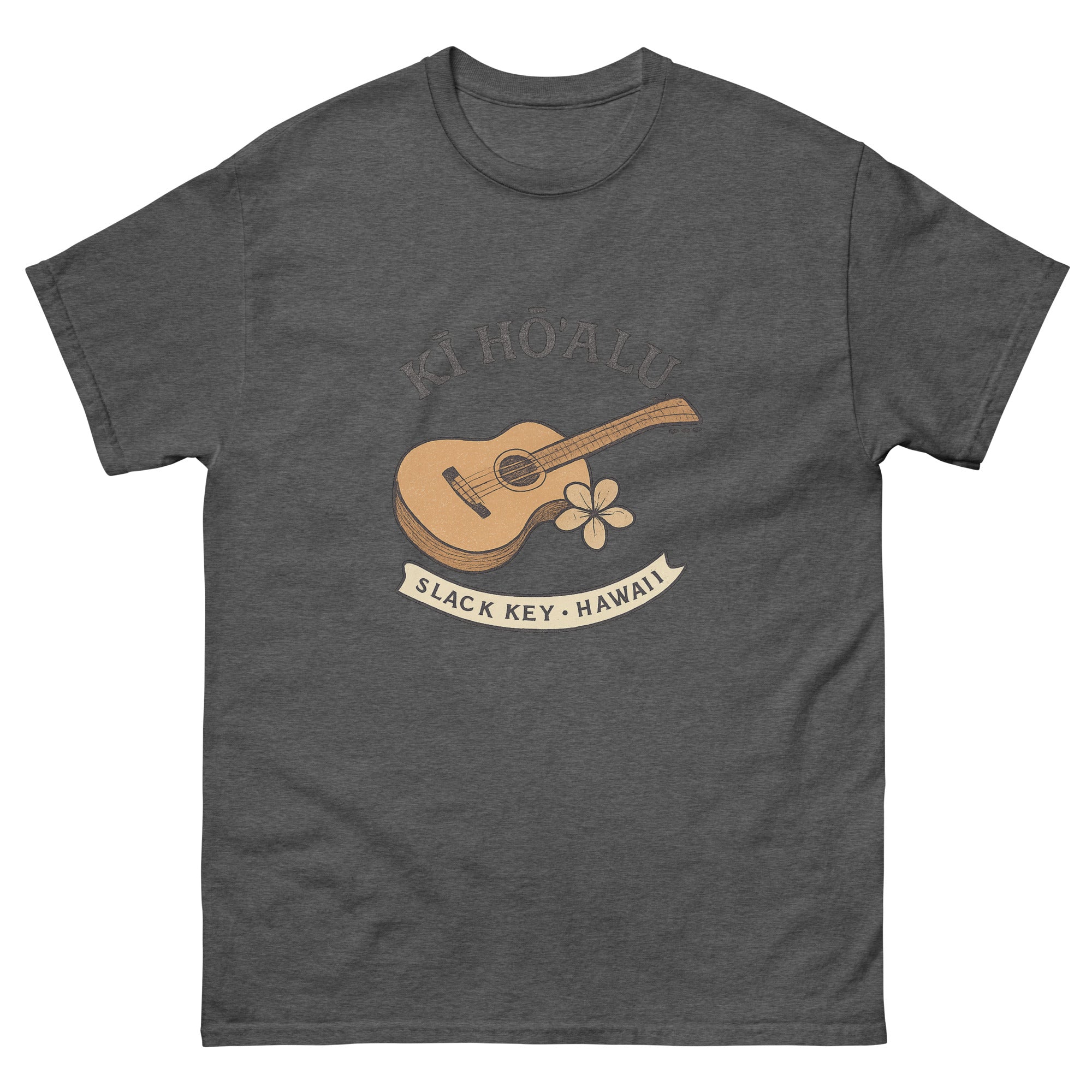 Slack Key Guitar Hawaiian t-shirt design on a Dark Heather unisex tee