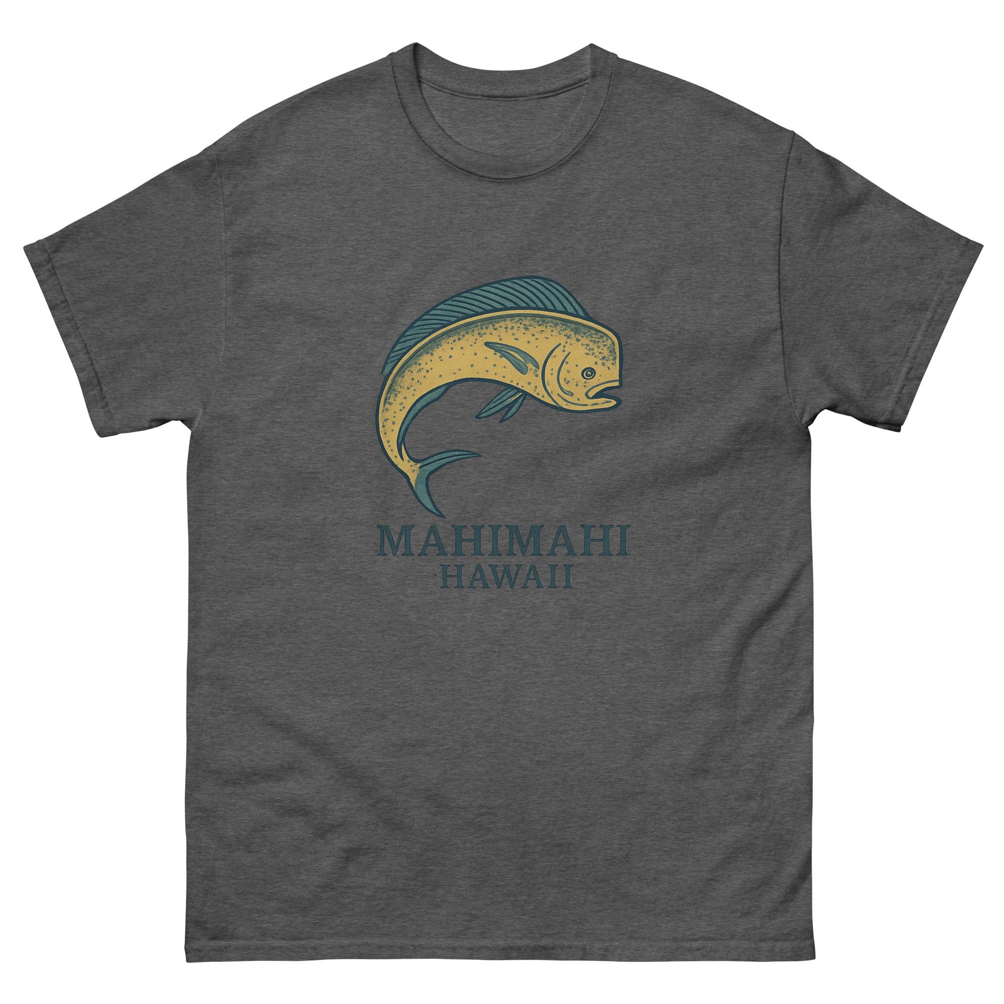 Mahimahi Hawaiian t-shirt design on a Dark Heather unisex tee