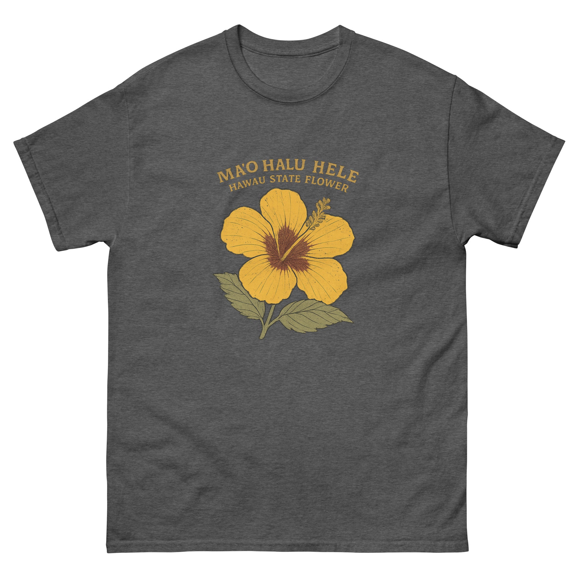 Yellow Hibiscus Hawaiian t-shirt design on a Dark Heather unisex tee