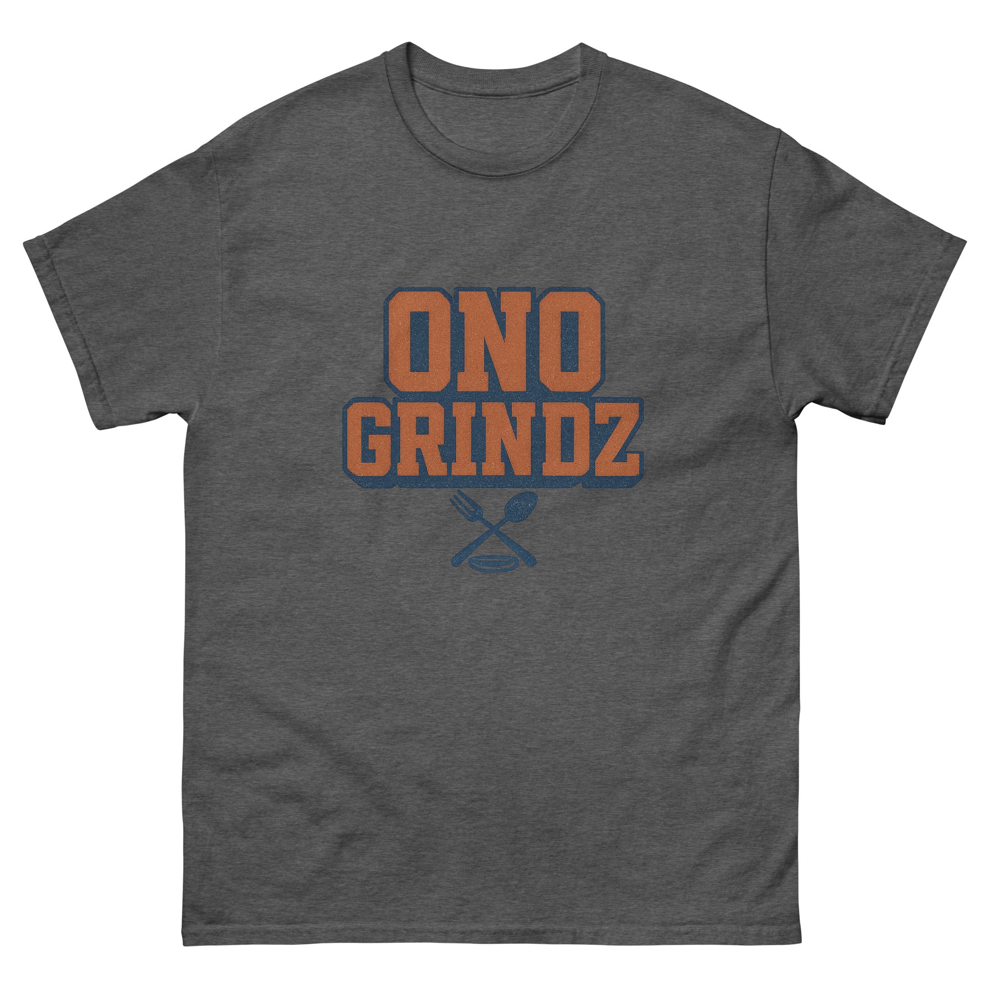 Ono Grindz Hawaiian t-shirt design on a Dark Heather unisex tee