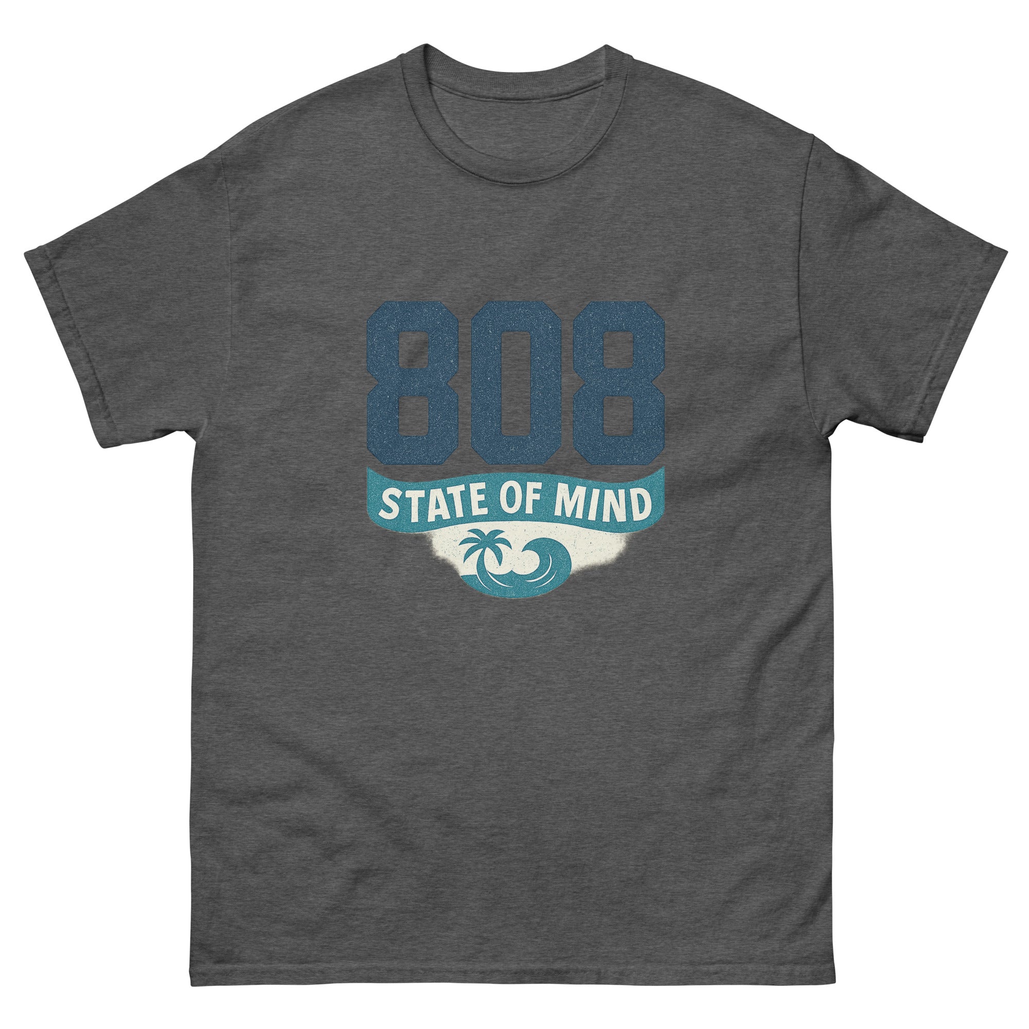 808 State Of Mind Hawaiian t-shirt design on a Dark Heather unisex tee