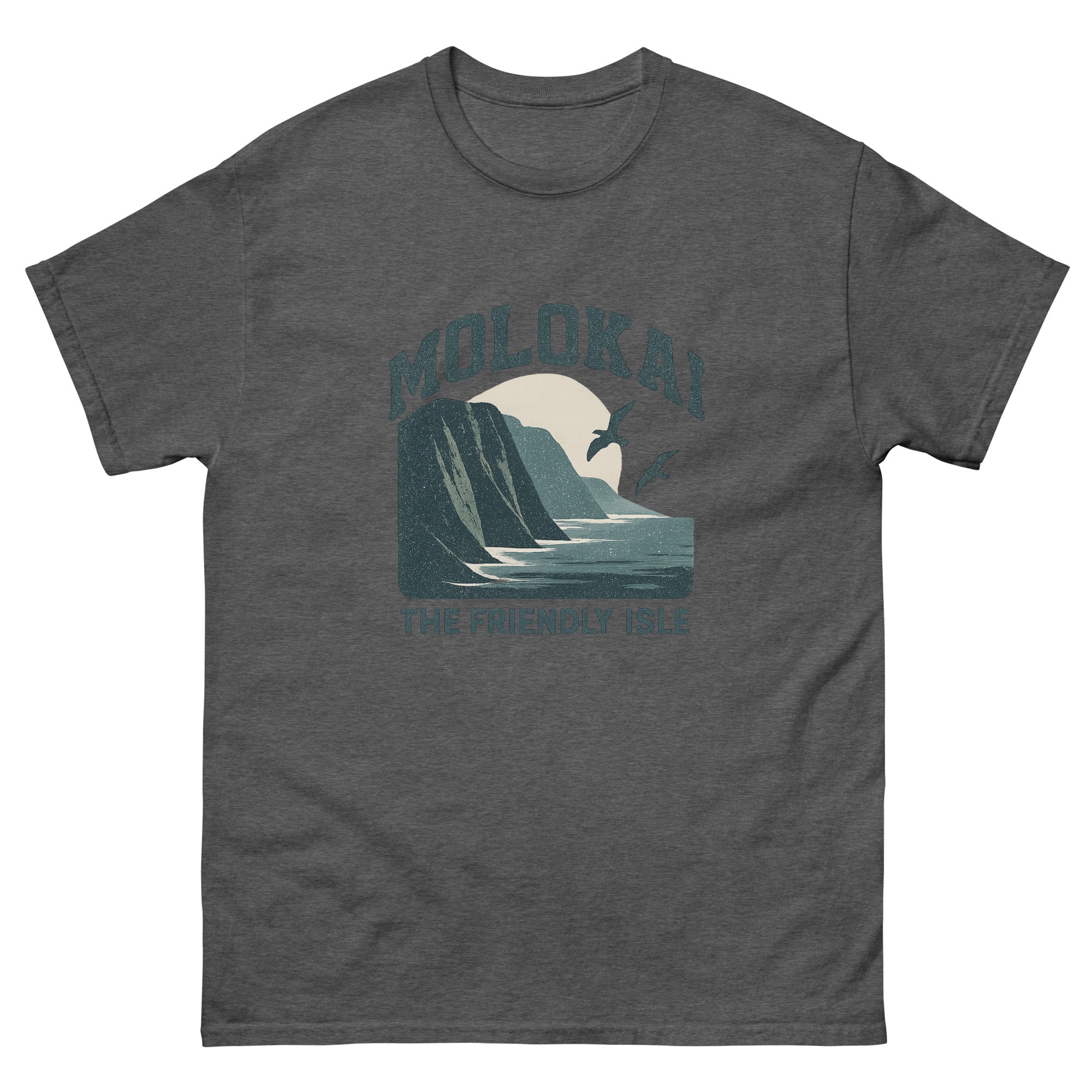 Molokai Hawaiian t-shirt design on a Dark Heather unisex tee