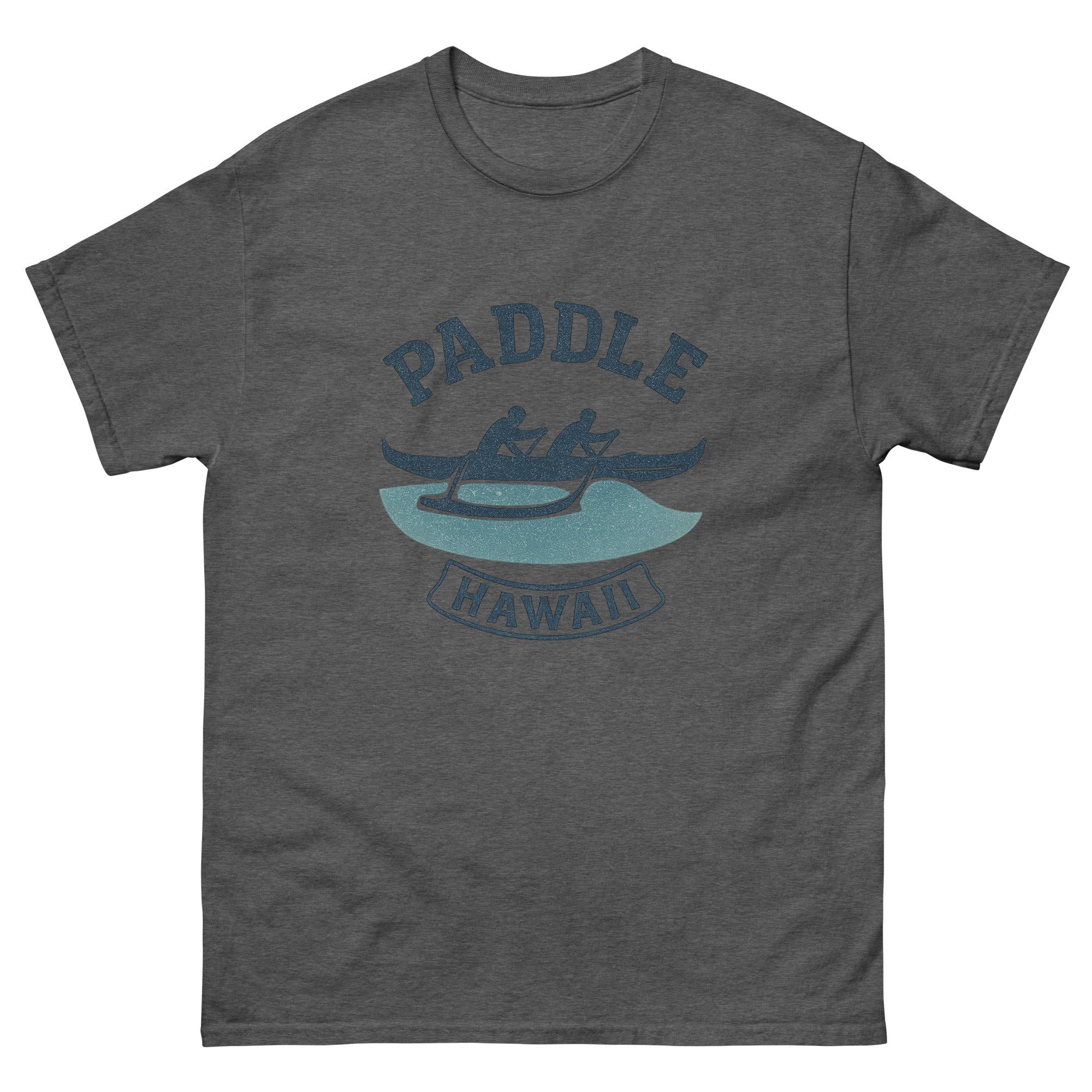 Outrigger Canoe Hawaiian t-shirt design on a Dark Heather unisex tee