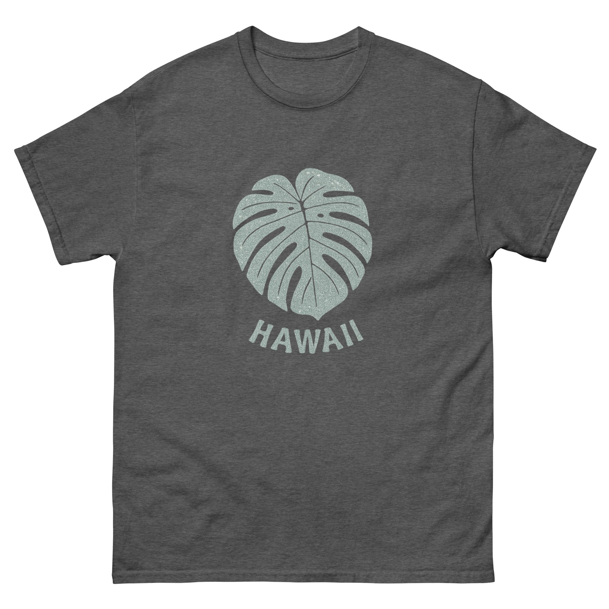 Monstera Leaf Hawaiian t-shirt design on a Dark Heather unisex tee