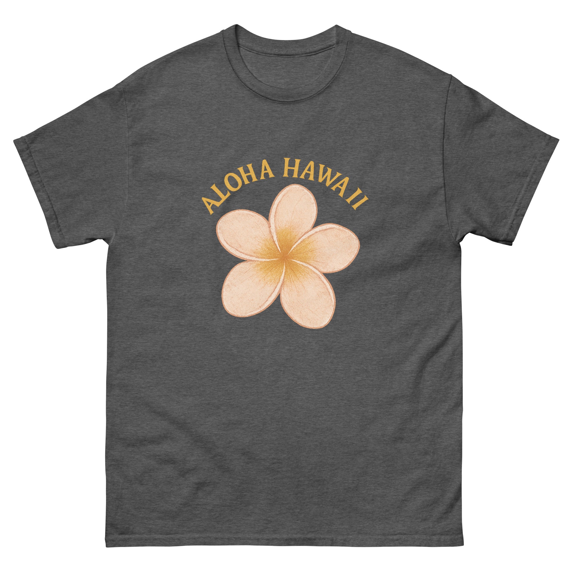 Plumeria Hawaiian t-shirt design on a Dark Heather unisex tee