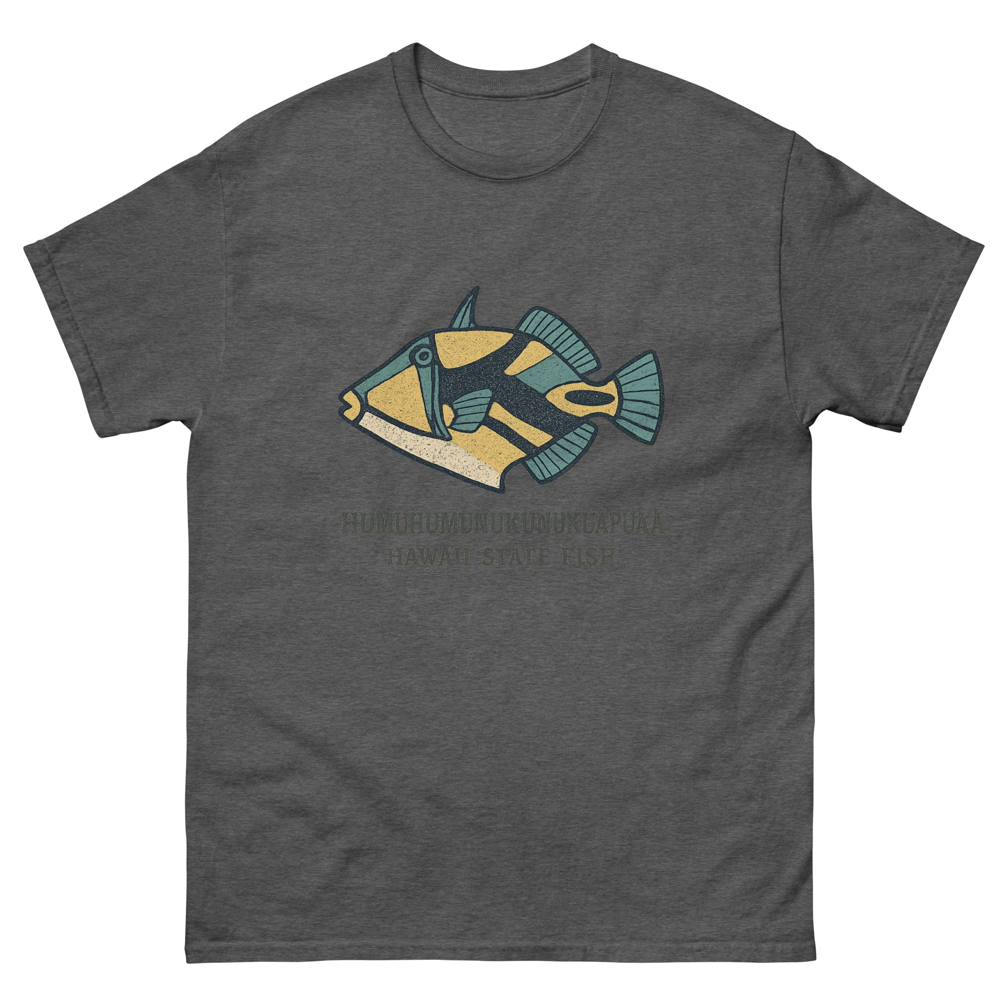 Humuhumu Fish Hawaiian t-shirt design on a Dark Heather unisex tee