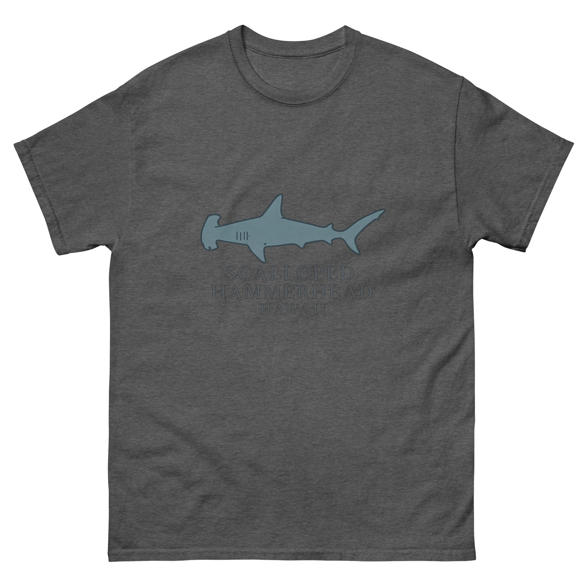 Hammerhead Shark Hawaiian t-shirt design on a Dark Heather unisex tee