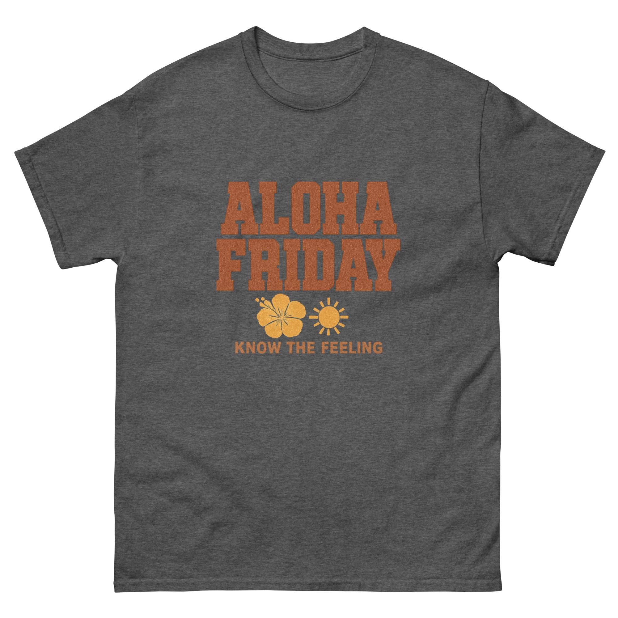 Aloha Friday Hawaiian t-shirt design on a Dark Heather unisex tee